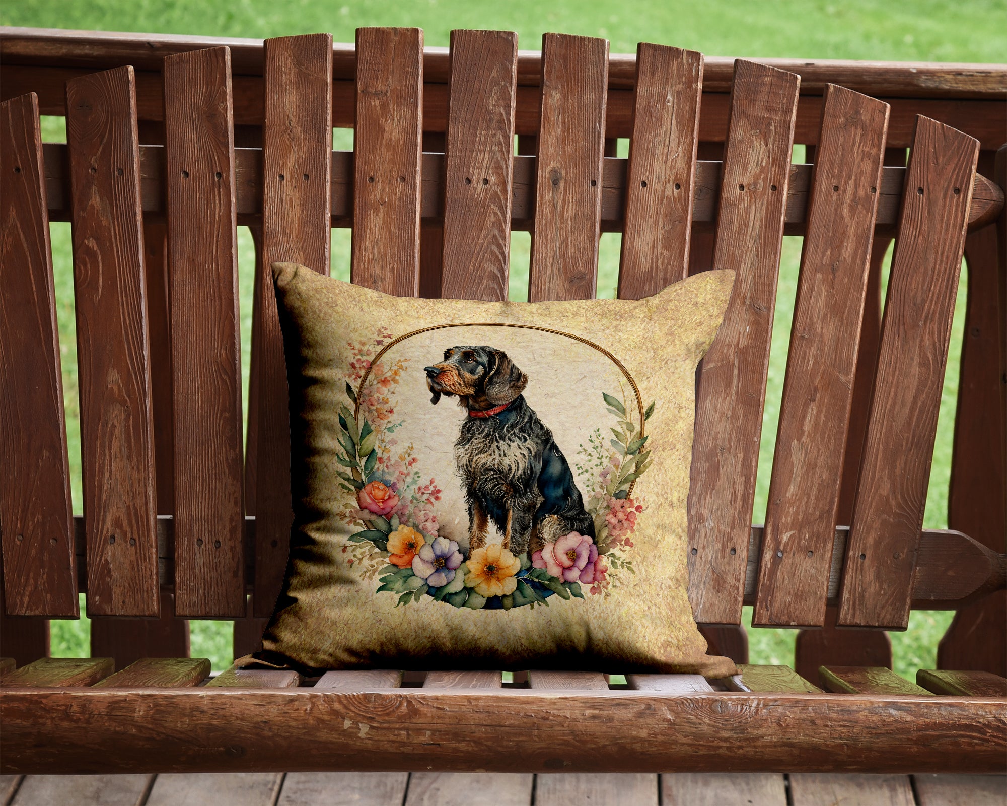 Buy this German Wirehaired Pointer and Flowers Fabric Decorative Pillow
