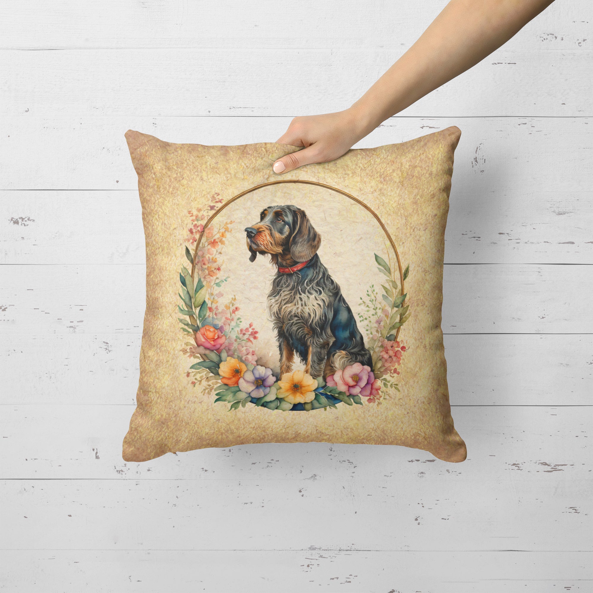 Buy this German Wirehaired Pointer and Flowers Fabric Decorative Pillow