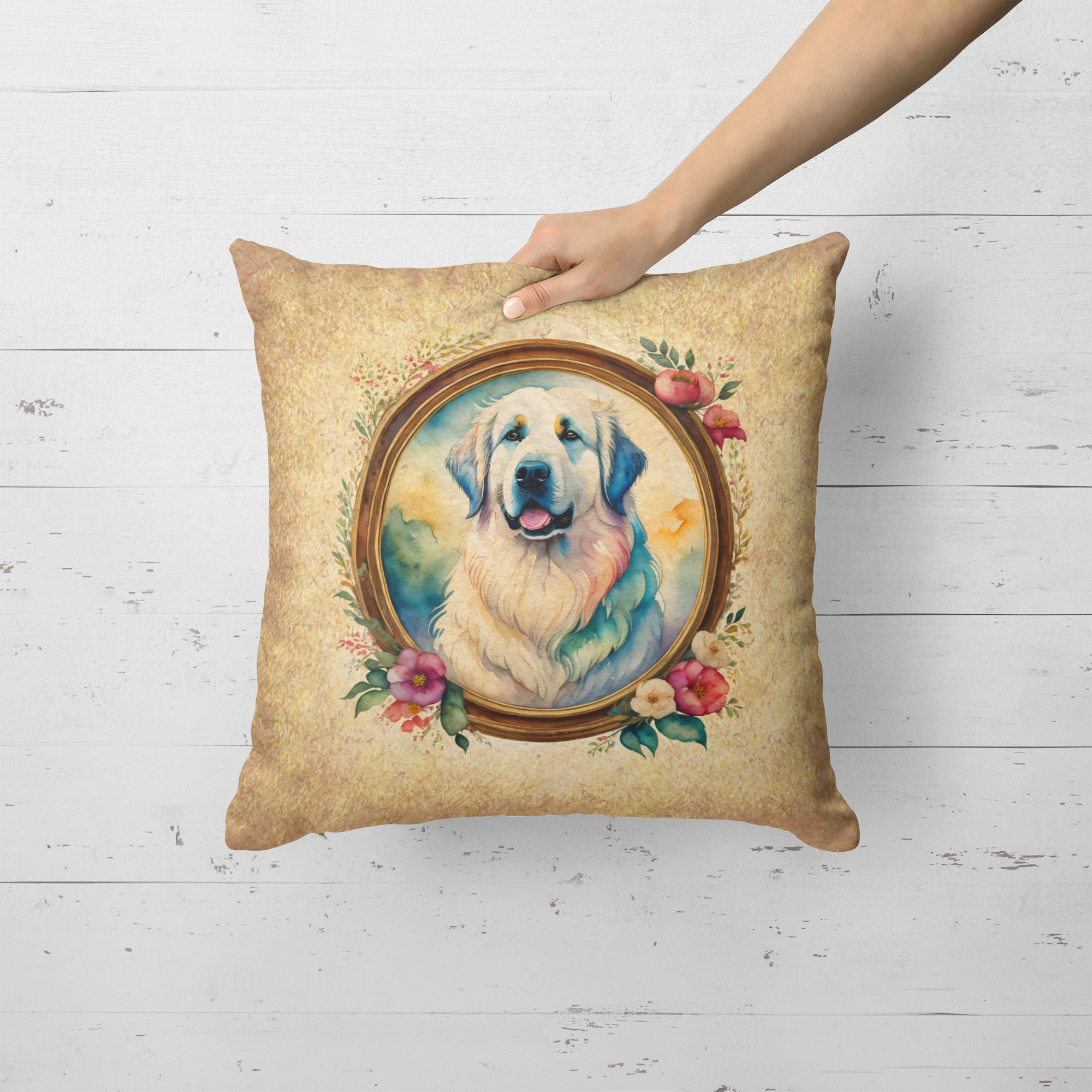 Buy this Great Pyrenees and Flowers Fabric Decorative Pillow