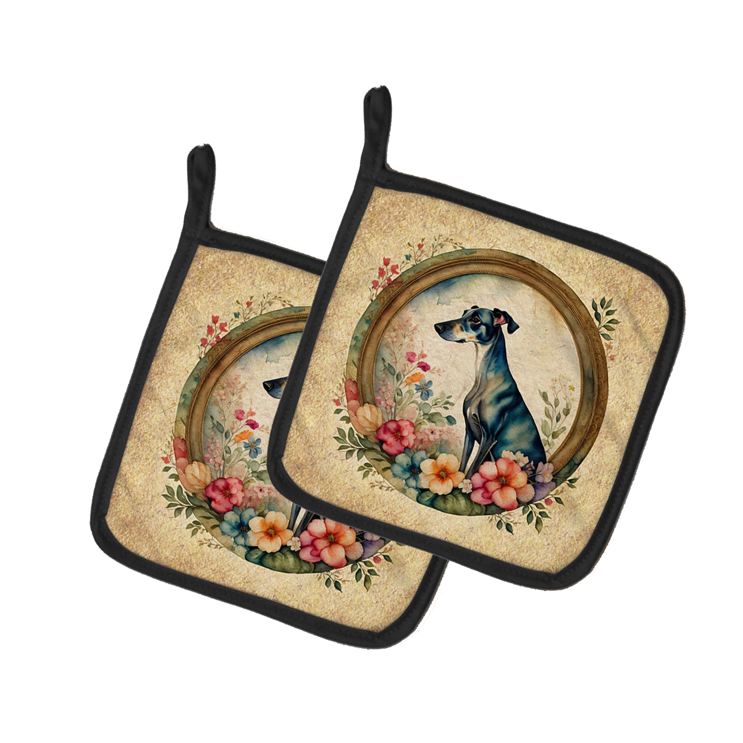 Buy this Greyhound and Flowers Pair of Pot Holders