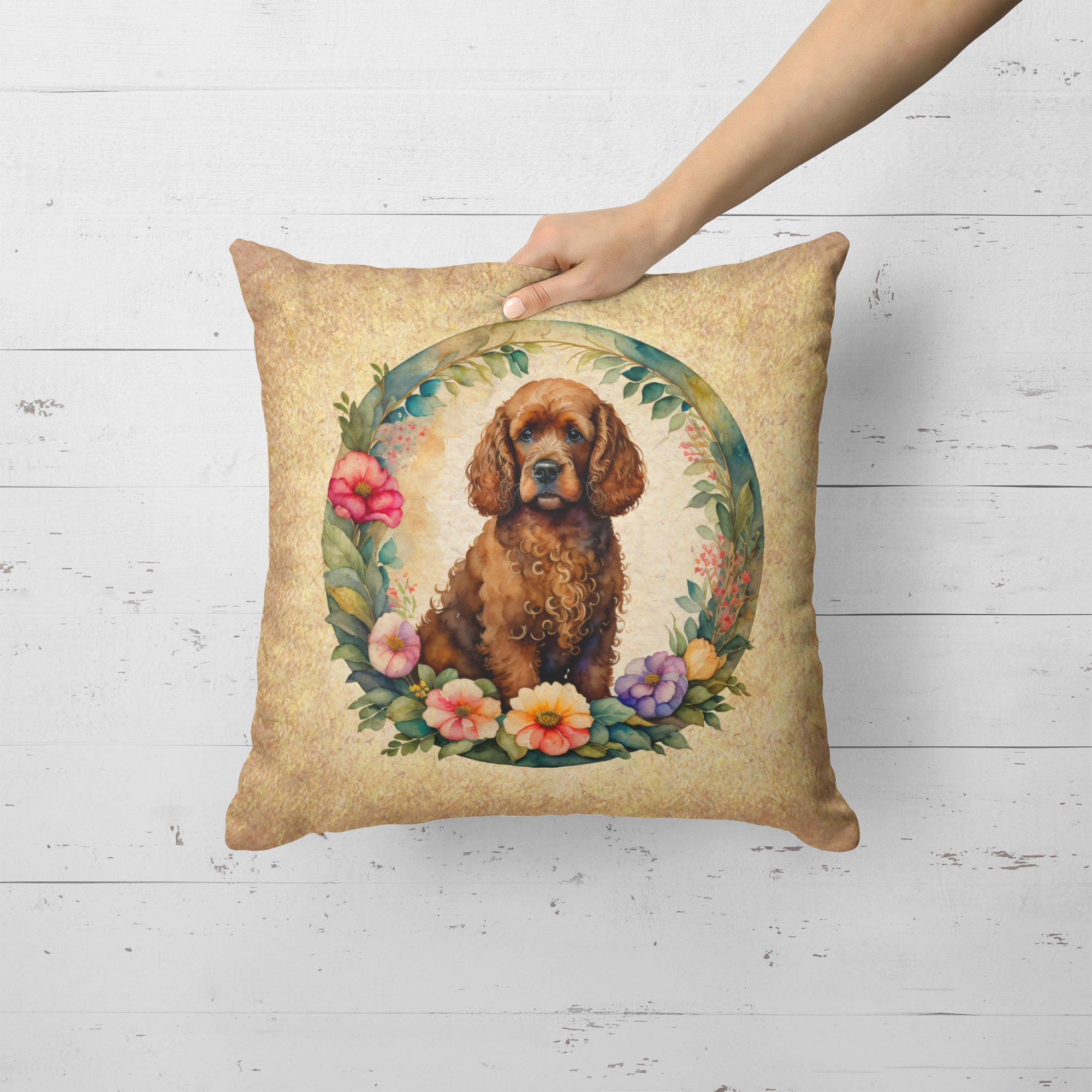 Buy this Irish Water Spaniel and Flowers Fabric Decorative Pillow
