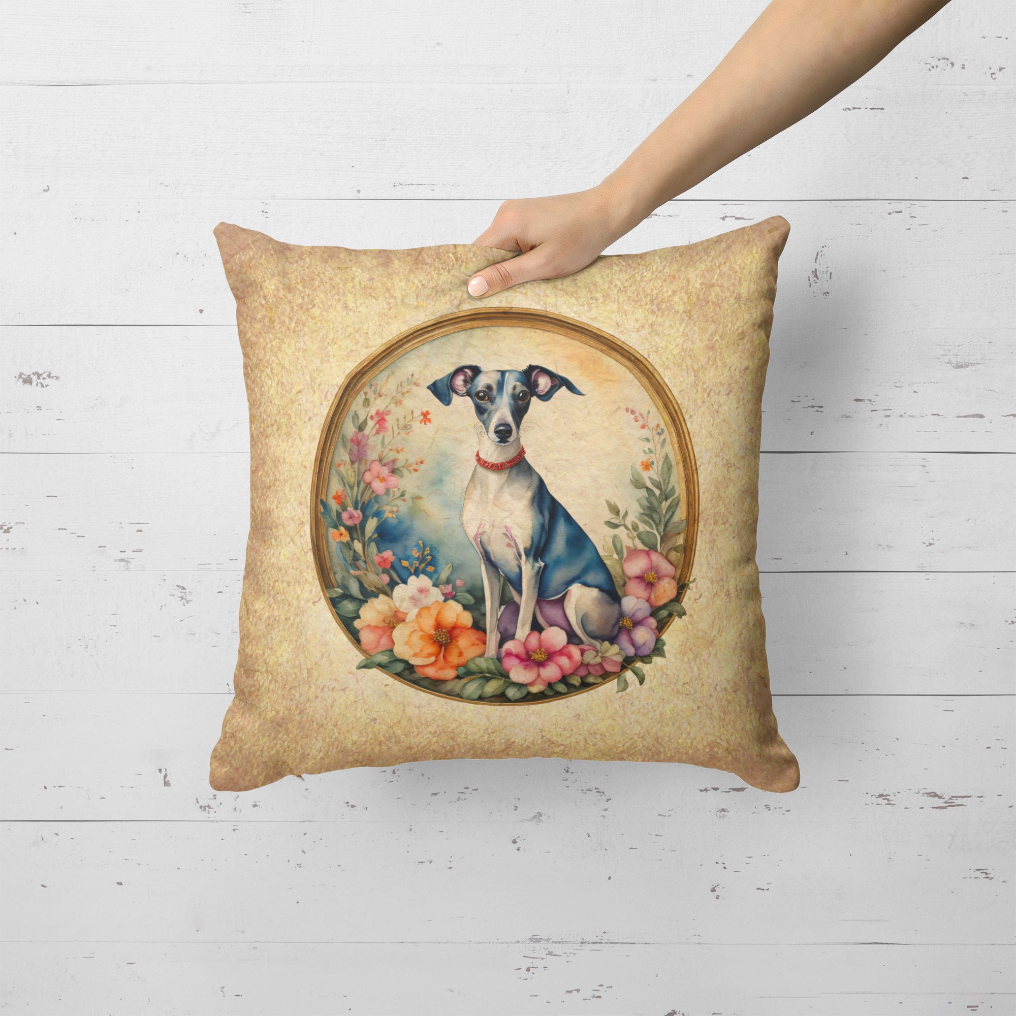 Buy this Italian Greyhound and Flowers Fabric Decorative Pillow