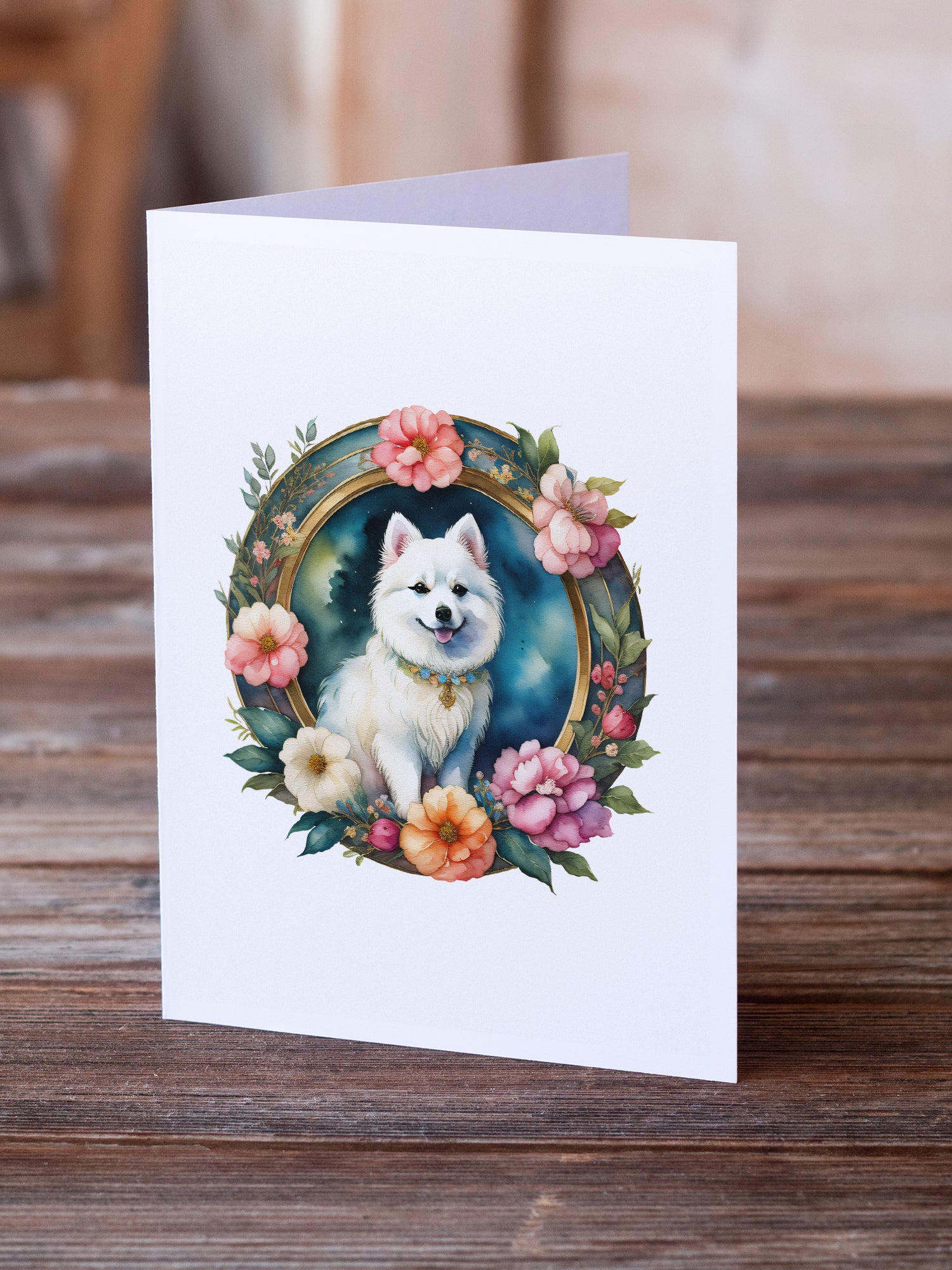 Japanese Spitz and Flowers Greeting Cards and Envelopes Pack of 8