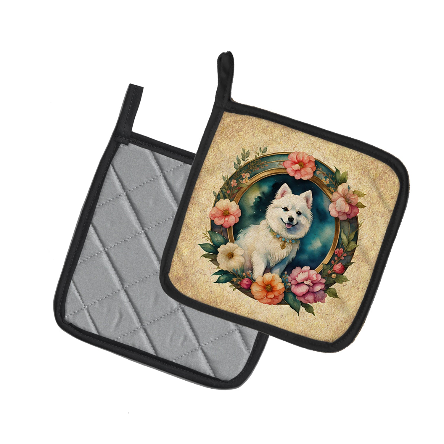 Japanese Spitz and Flowers Pair of Pot Holders