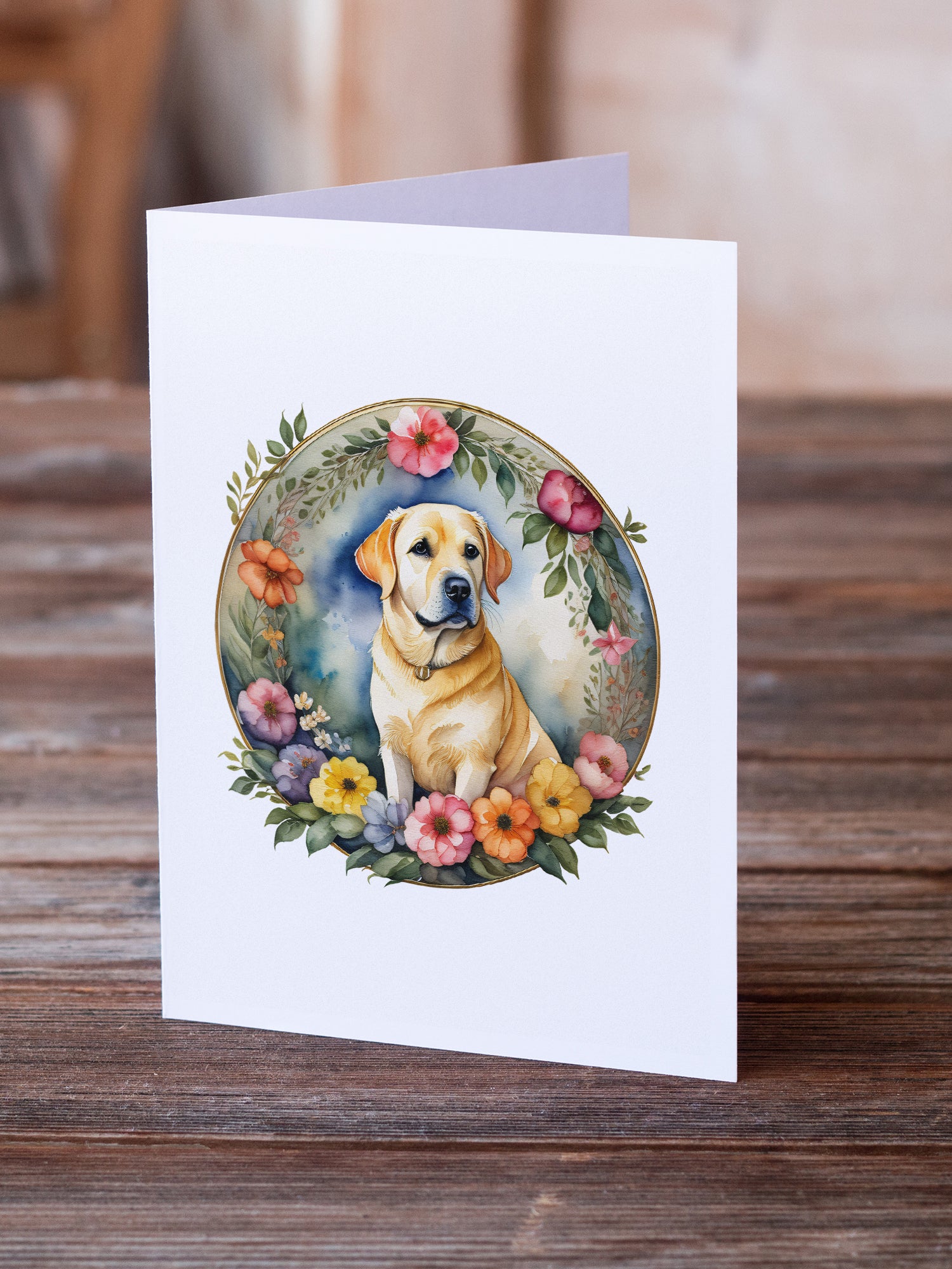 Buy this Yellow Labrador Retriever and Flowers Greeting Cards and Envelopes Pack of 8