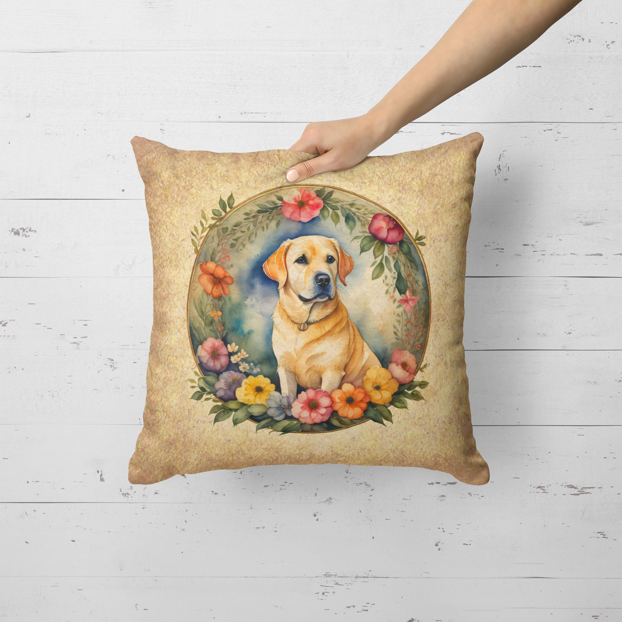 Buy this Yellow Labrador Retriever and Flowers Fabric Decorative Pillow