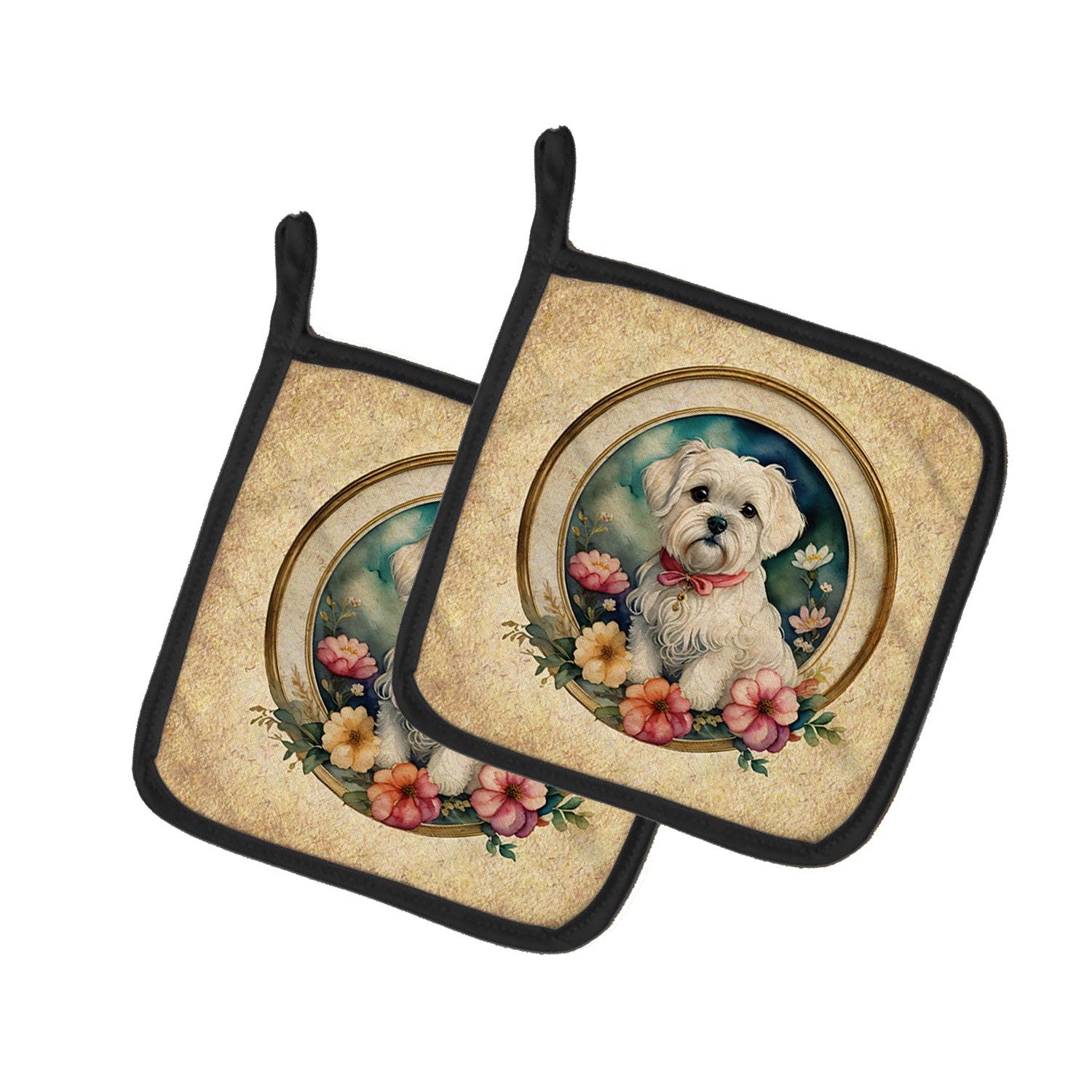 Buy this Maltese and Flowers Pair of Pot Holders