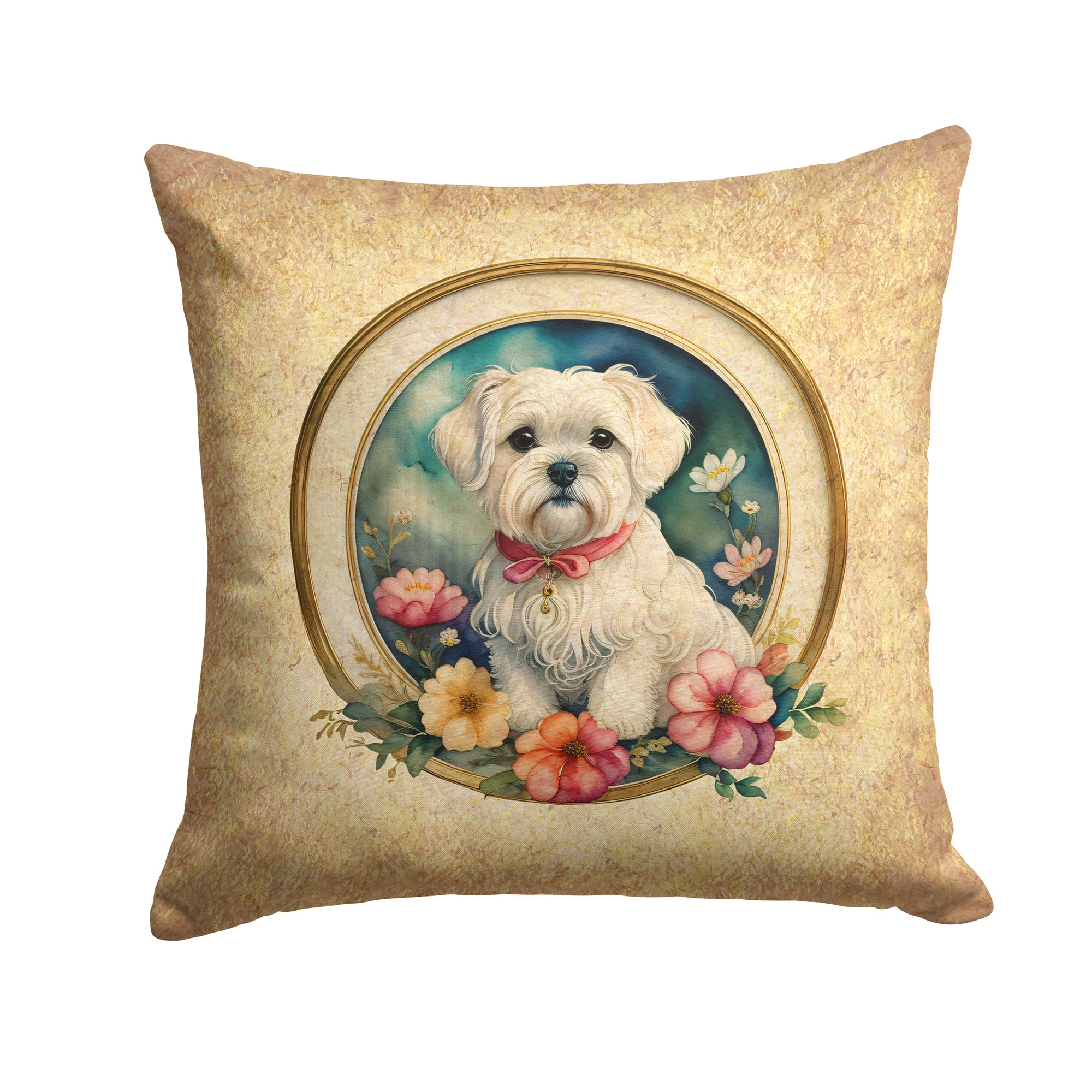 Buy this Maltese and Flowers Fabric Decorative Pillow