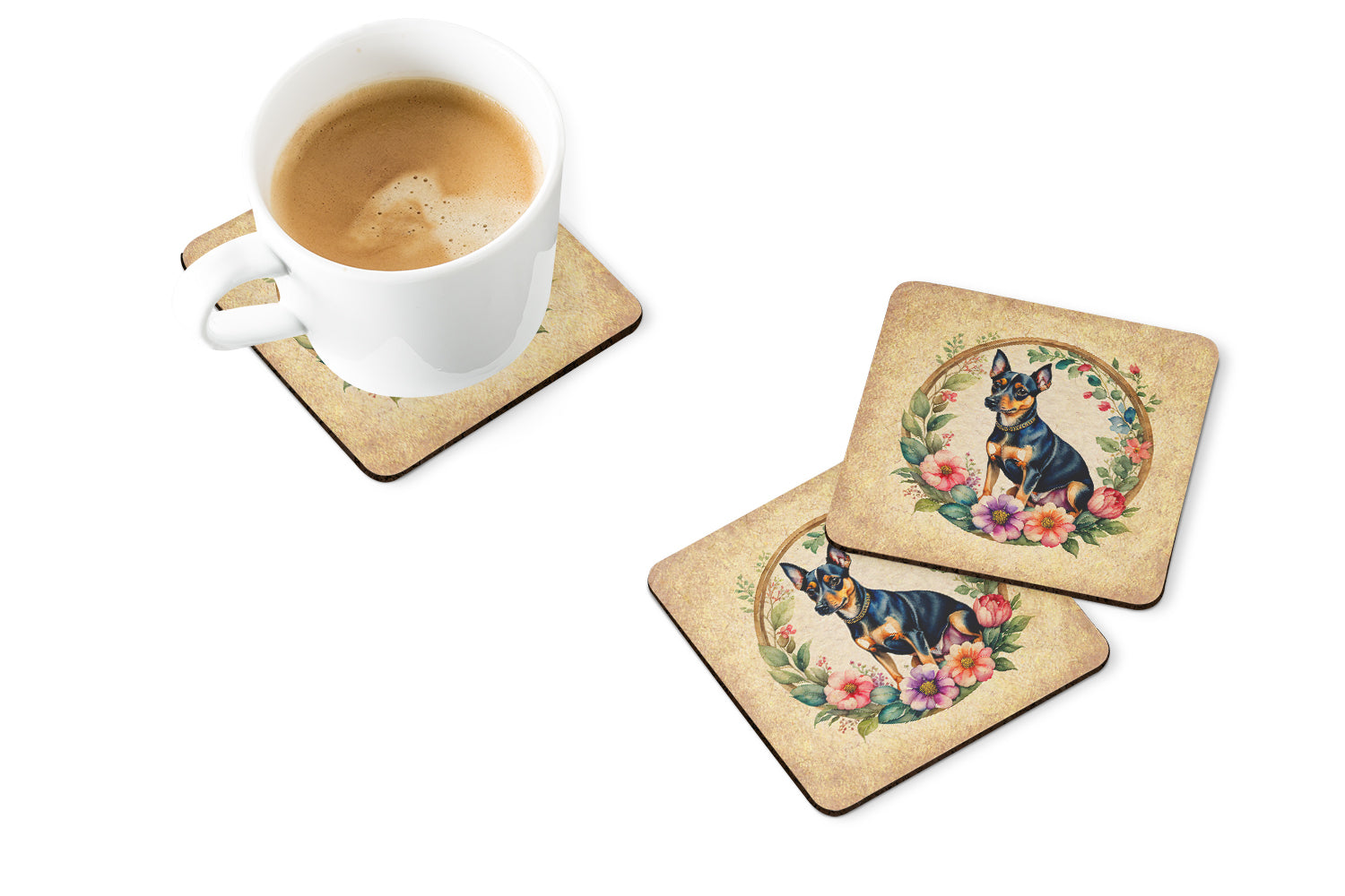 Buy this Miniature Pinscher and Flowers Foam Coasters