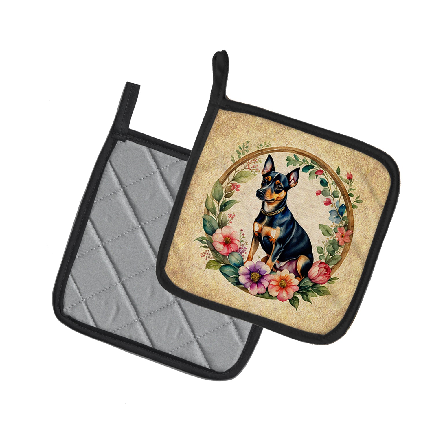 Buy this Miniature Pinscher and Flowers Pair of Pot Holders