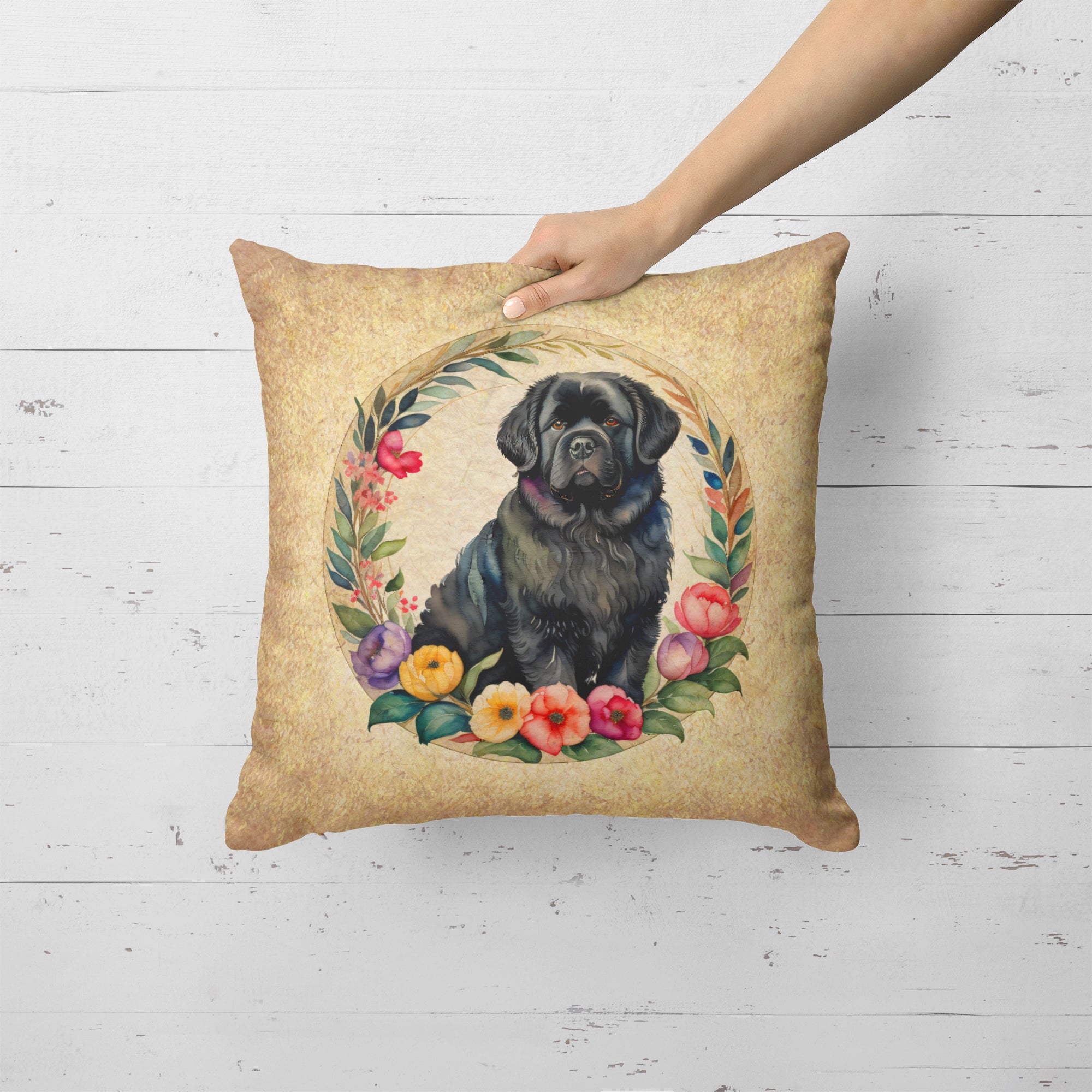 Buy this Newfoundland and Flowers Fabric Decorative Pillow