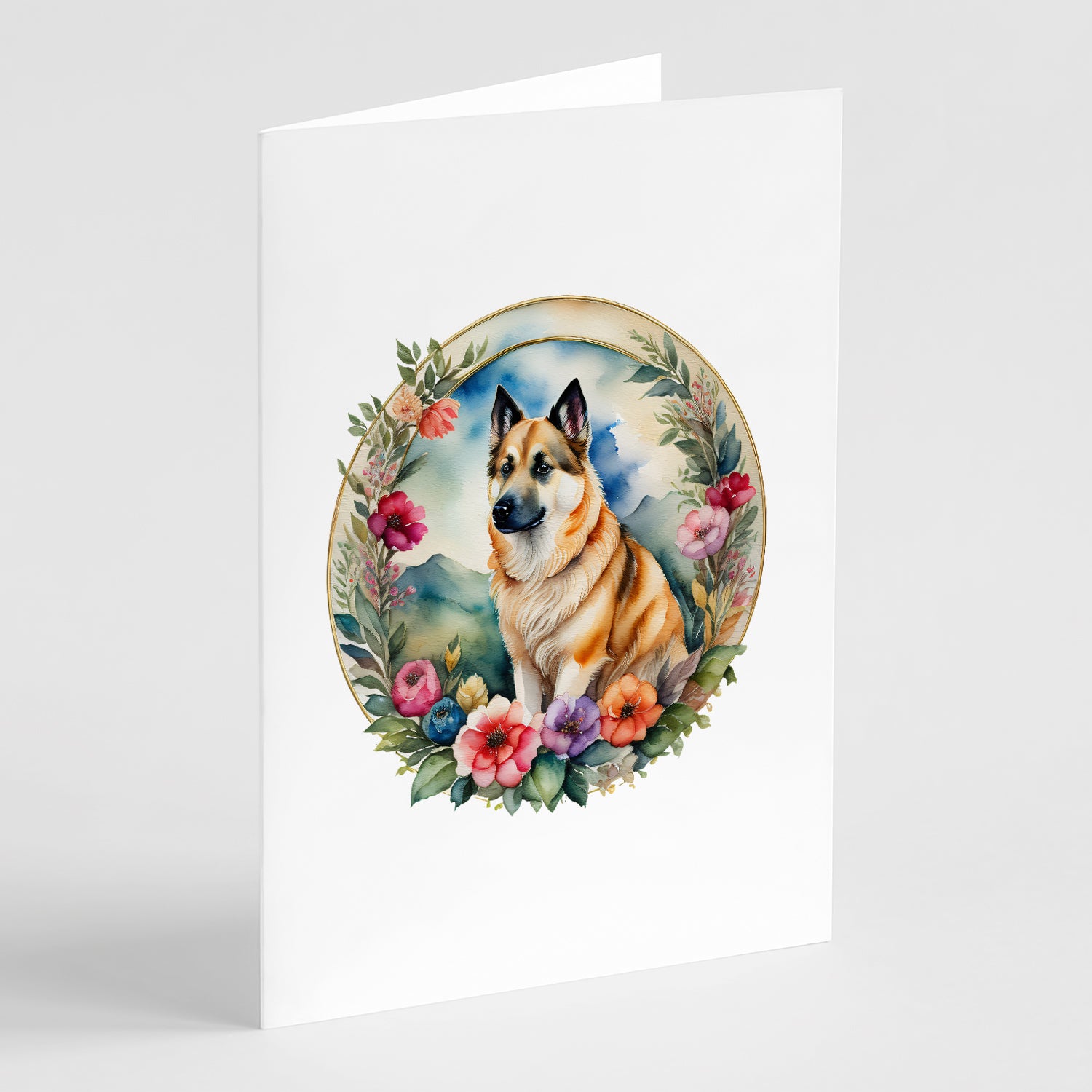 Buy this Norwegian Buhund and Flowers Greeting Cards and Envelopes Pack of 8