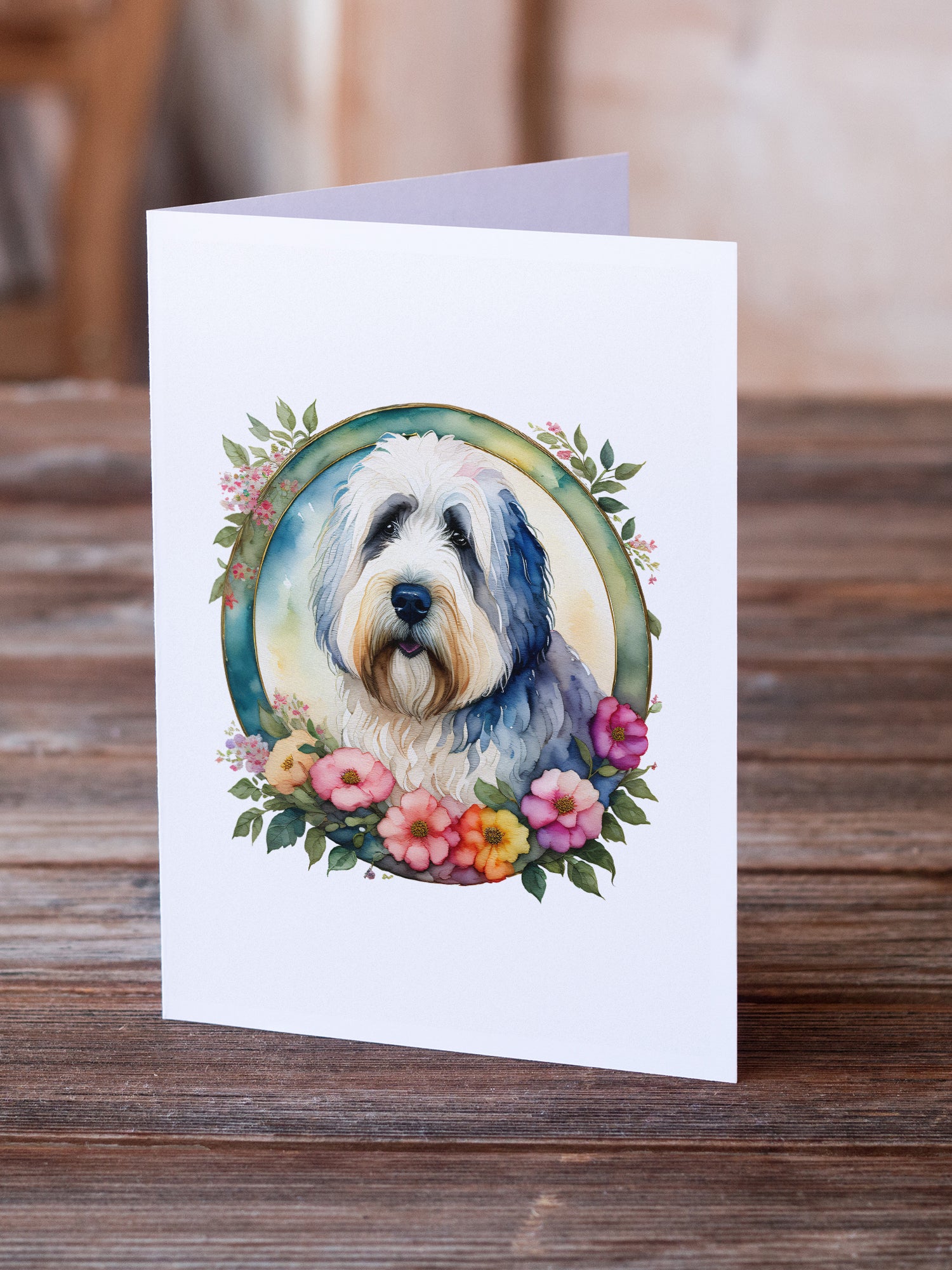 Old English Sheepdog and Flowers Greeting Cards and Envelopes Pack of 8