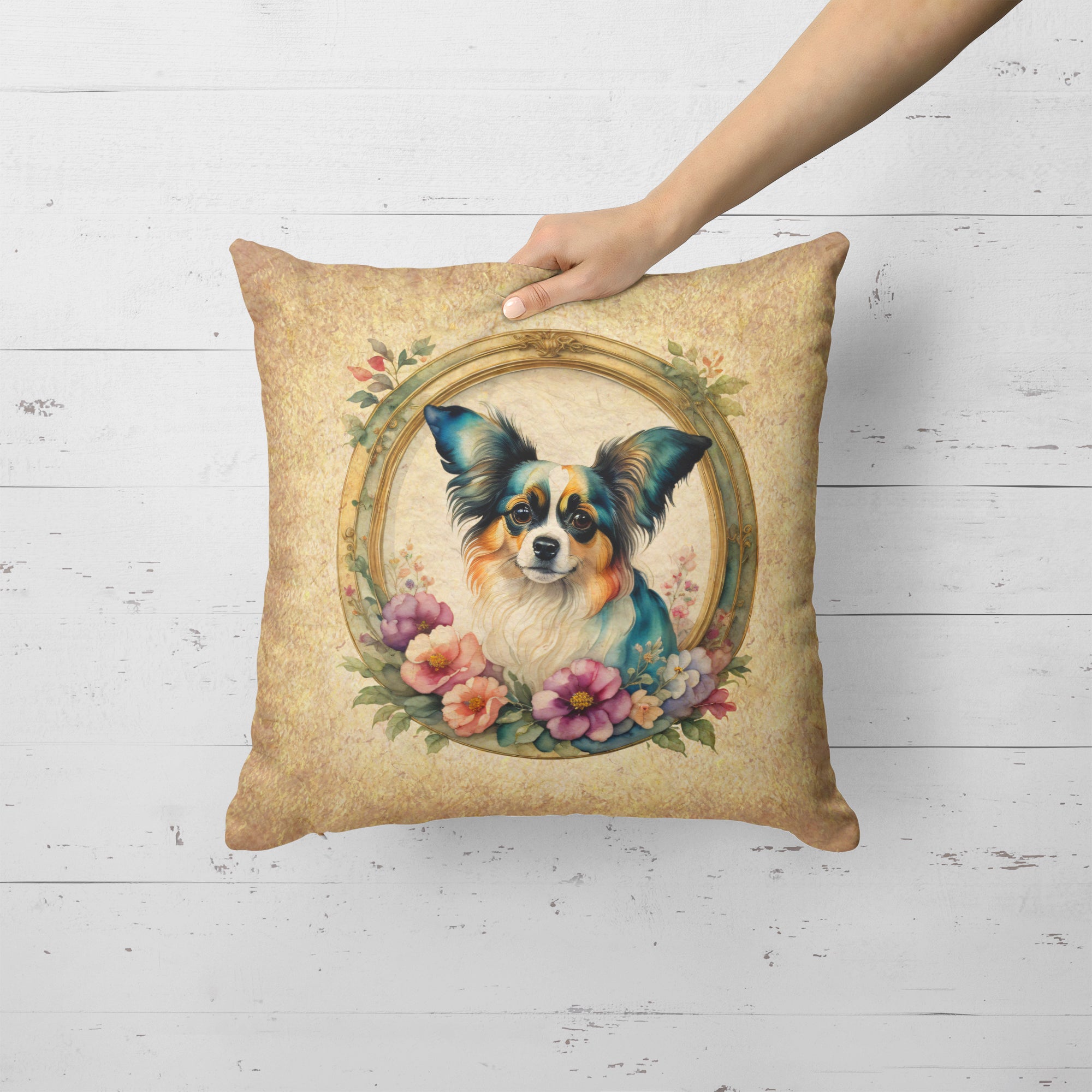 Buy this Papillon and Flowers Fabric Decorative Pillow