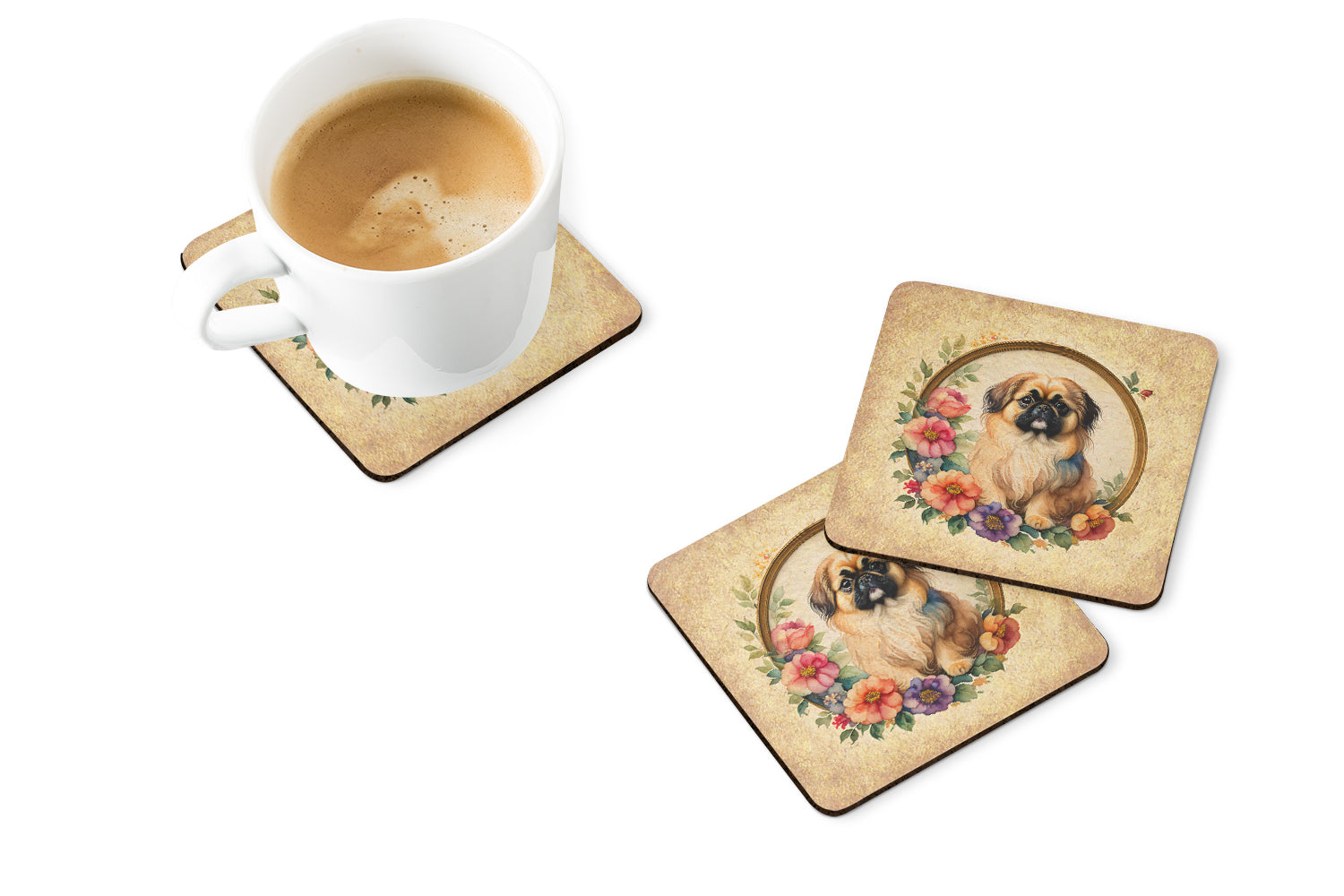 Buy this Pekingese and Flowers Foam Coasters