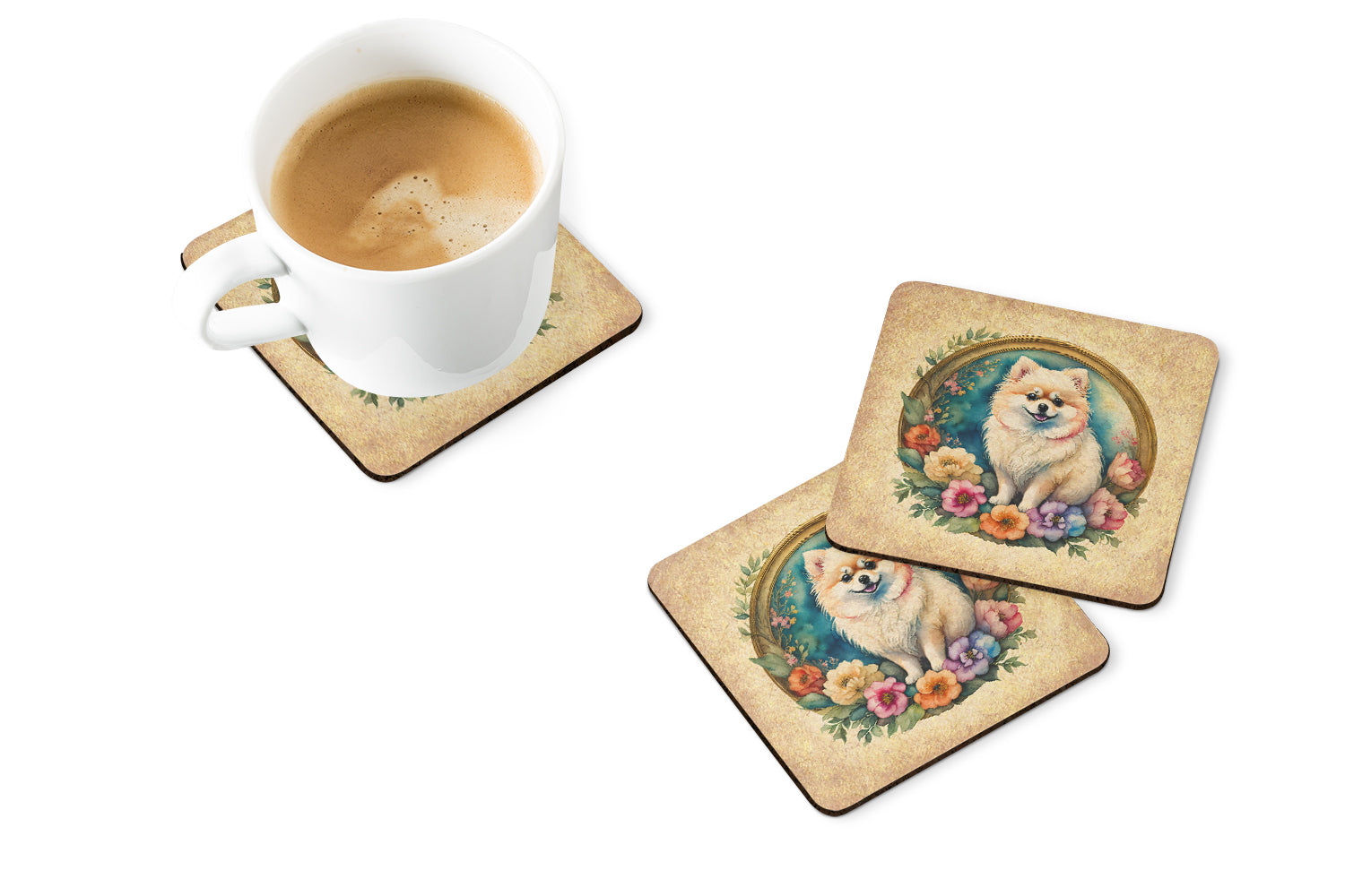 Buy this Pomeranian and Flowers Foam Coasters