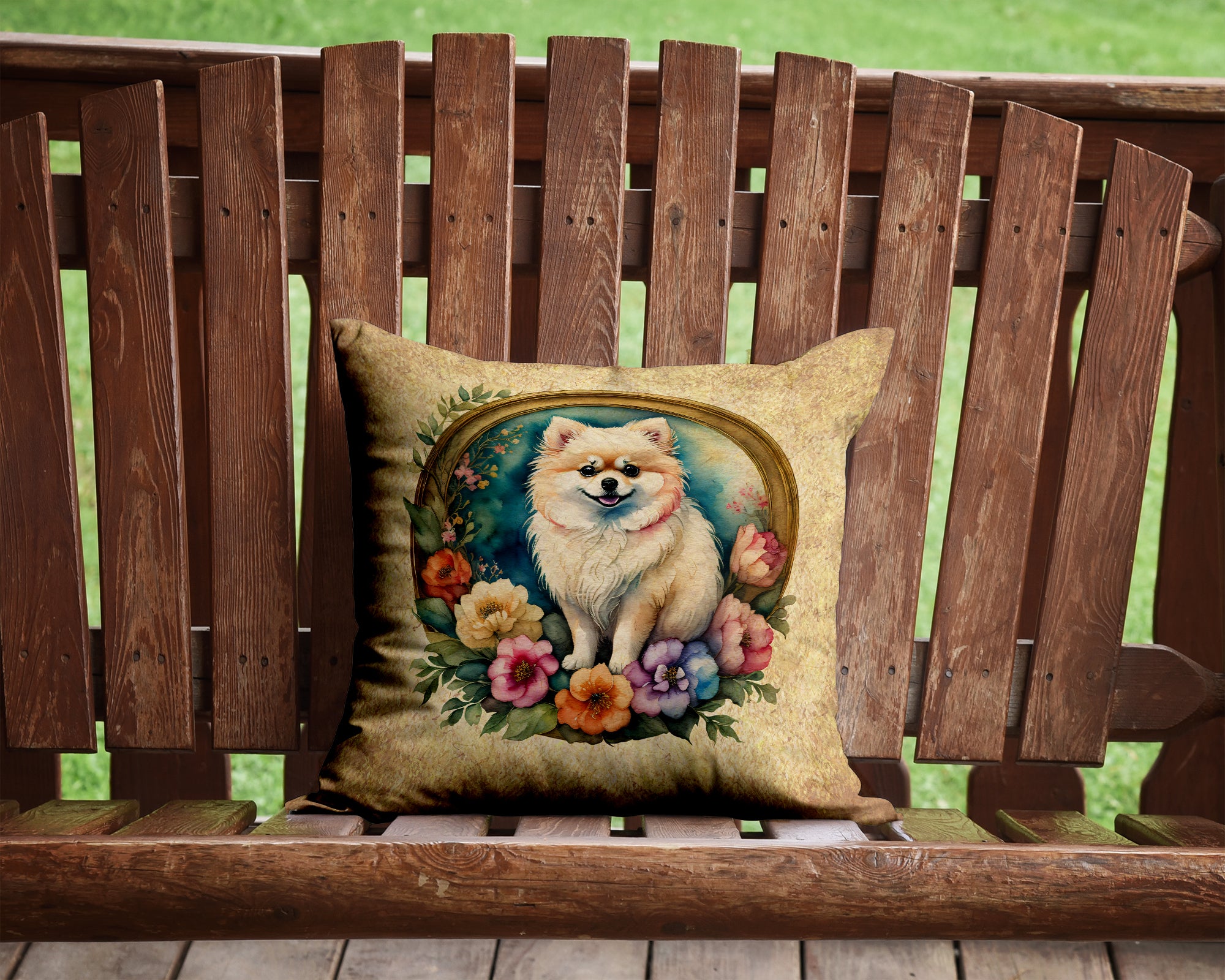 Buy this Pomeranian and Flowers Fabric Decorative Pillow