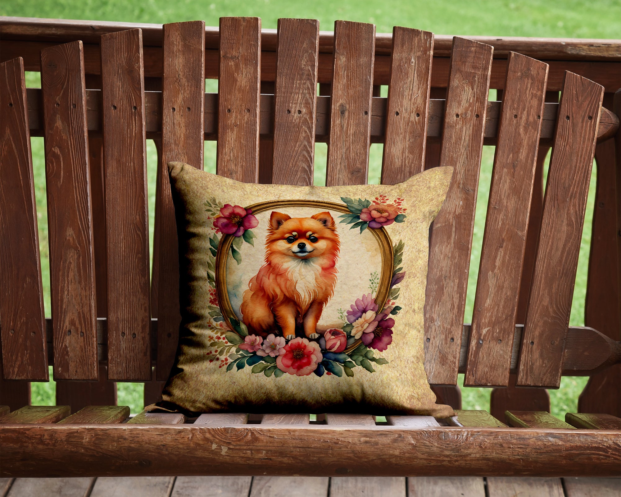 Buy this Pomeranian and Flowers Fabric Decorative Pillow