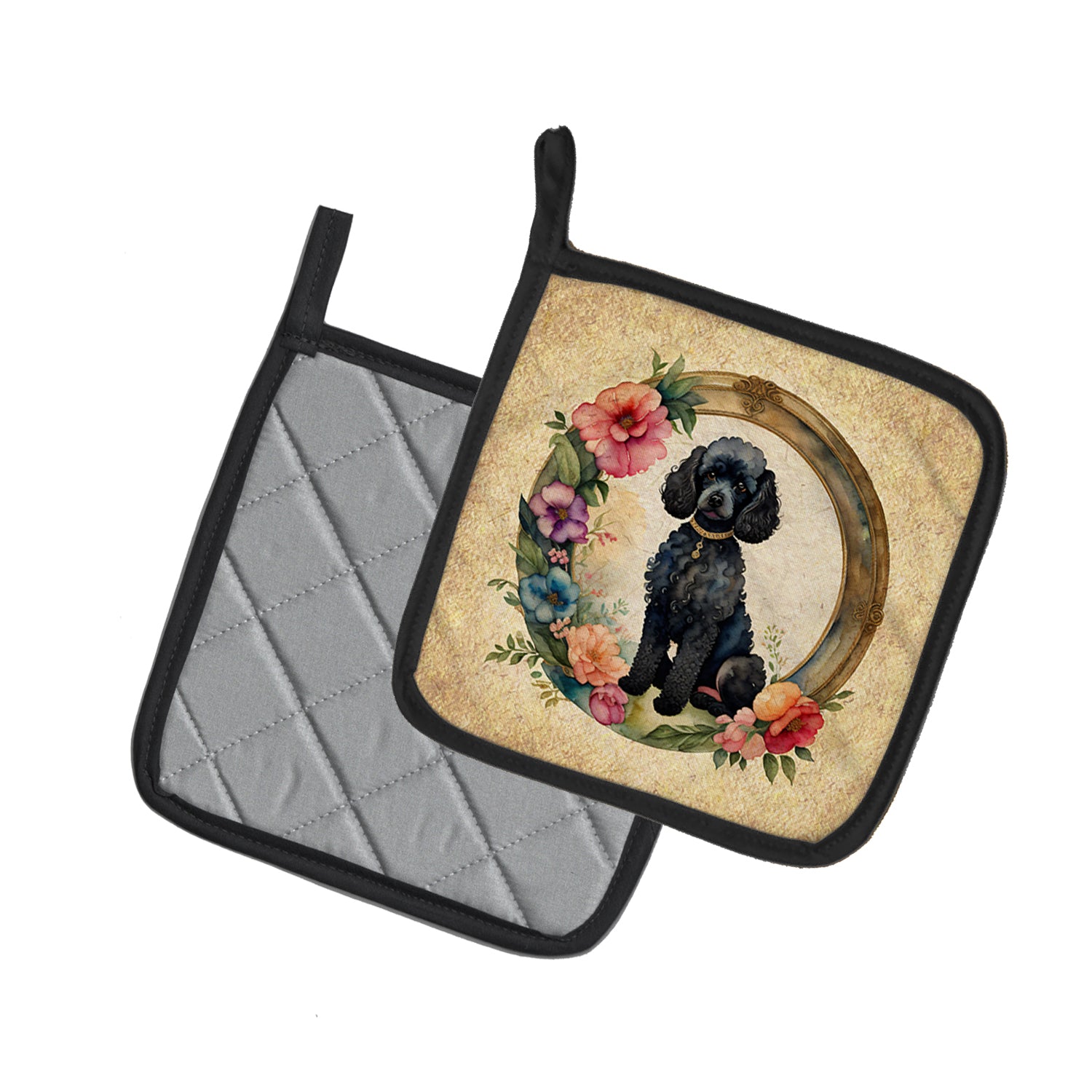 Buy this Black Poodle and Flowers Pair of Pot Holders
