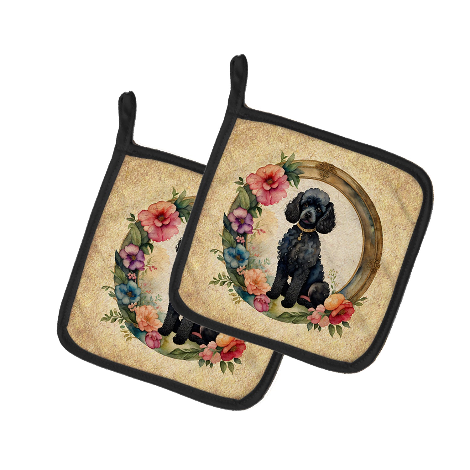 Buy this Black Poodle and Flowers Pair of Pot Holders