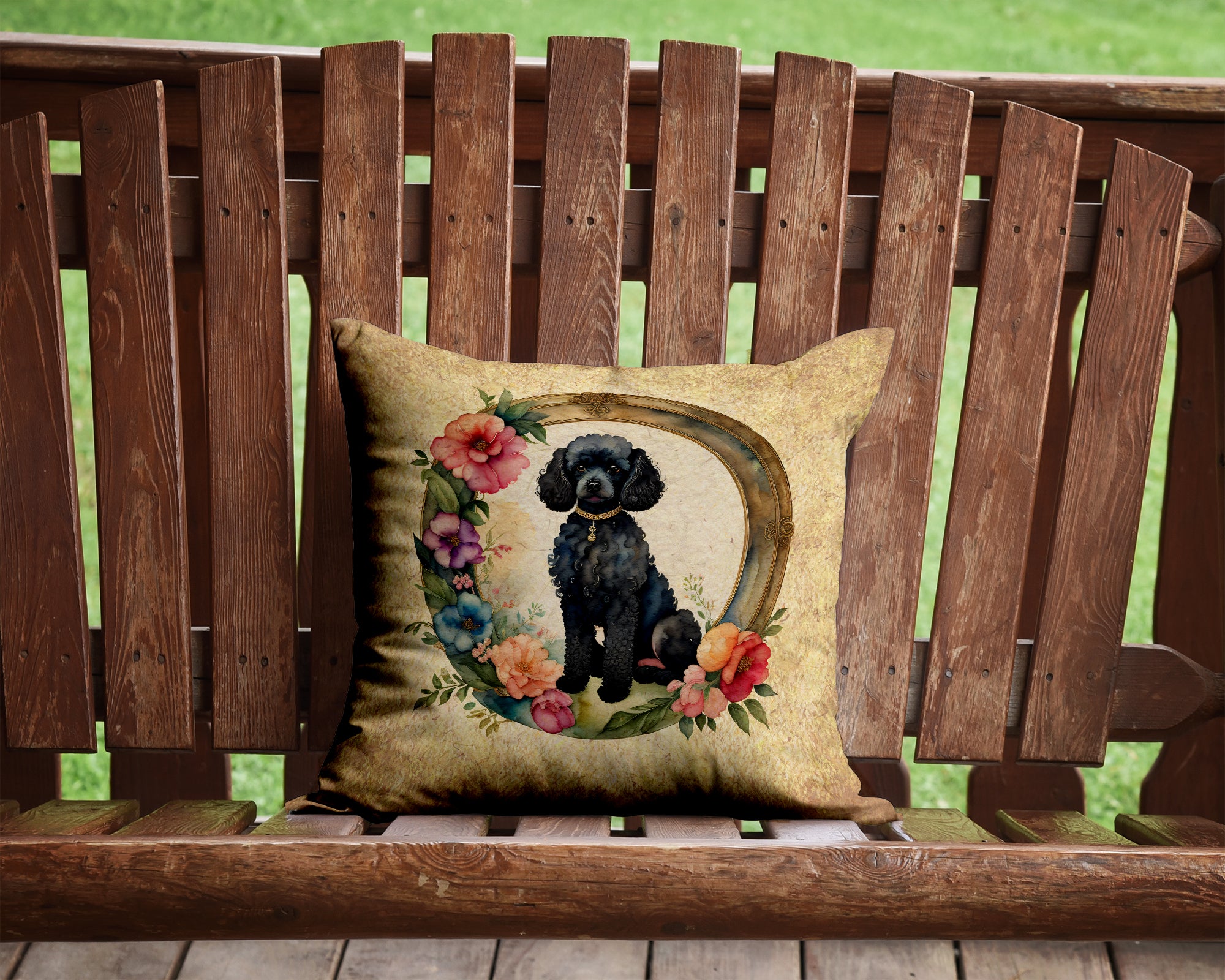 Buy this Black Poodle and Flowers Fabric Decorative Pillow
