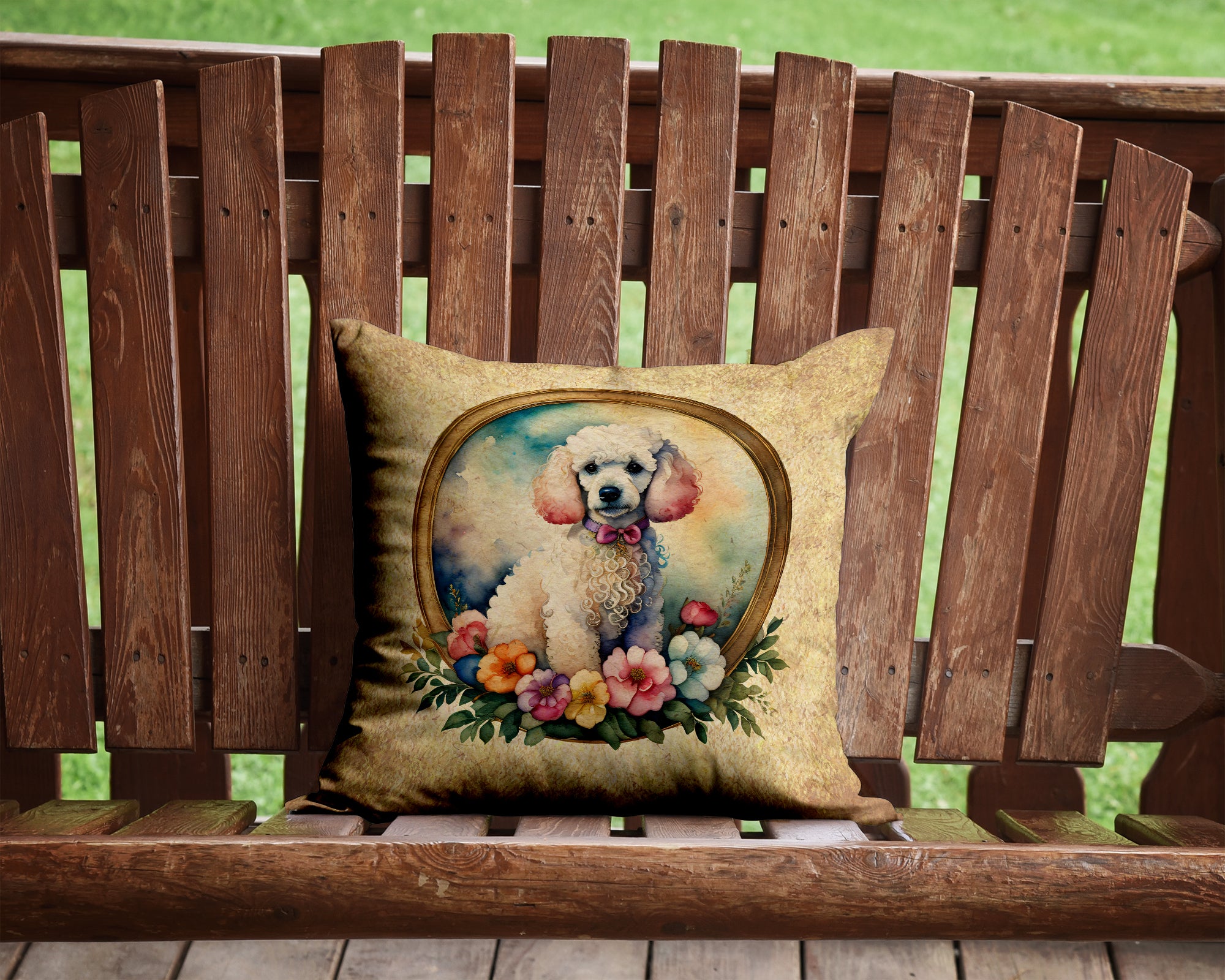 Buy this White Poodle and Flowers Fabric Decorative Pillow