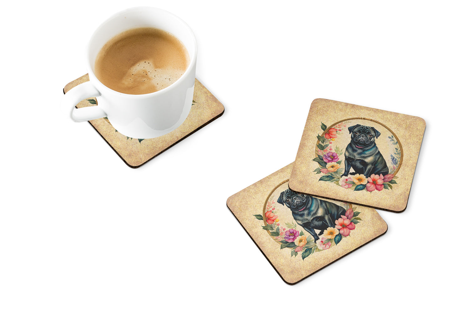 Buy this Black Pug and Flowers Foam Coasters