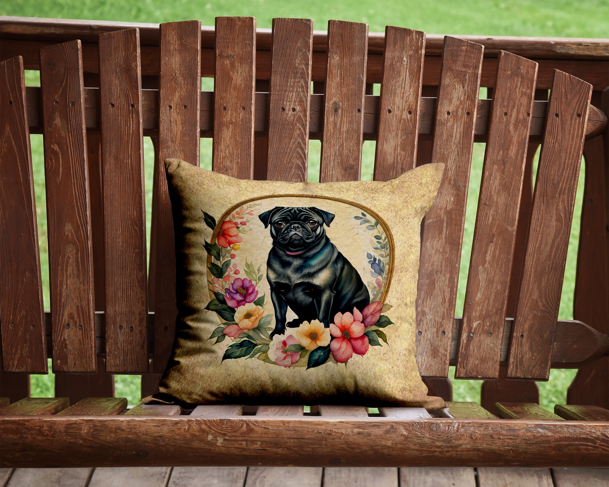 Buy this Black Pug and Flowers Fabric Decorative Pillow
