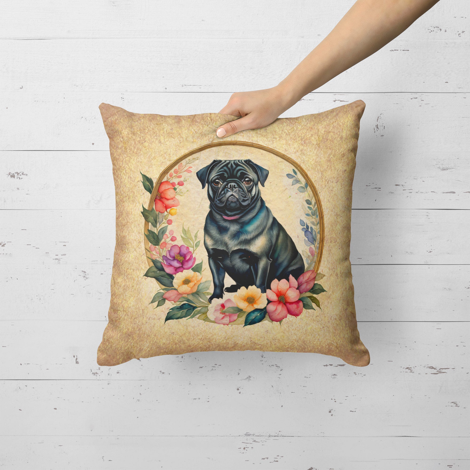 Buy this Black Pug and Flowers Fabric Decorative Pillow