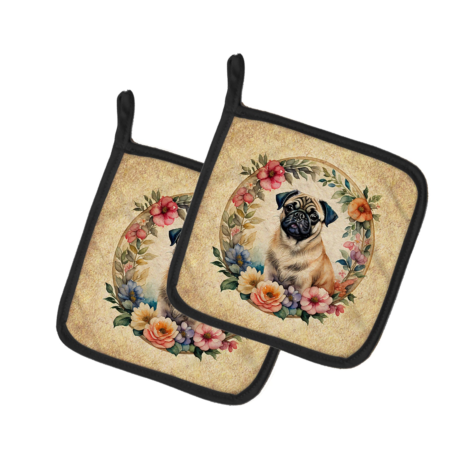 Buy this Fawn Pug and Flowers Pair of Pot Holders