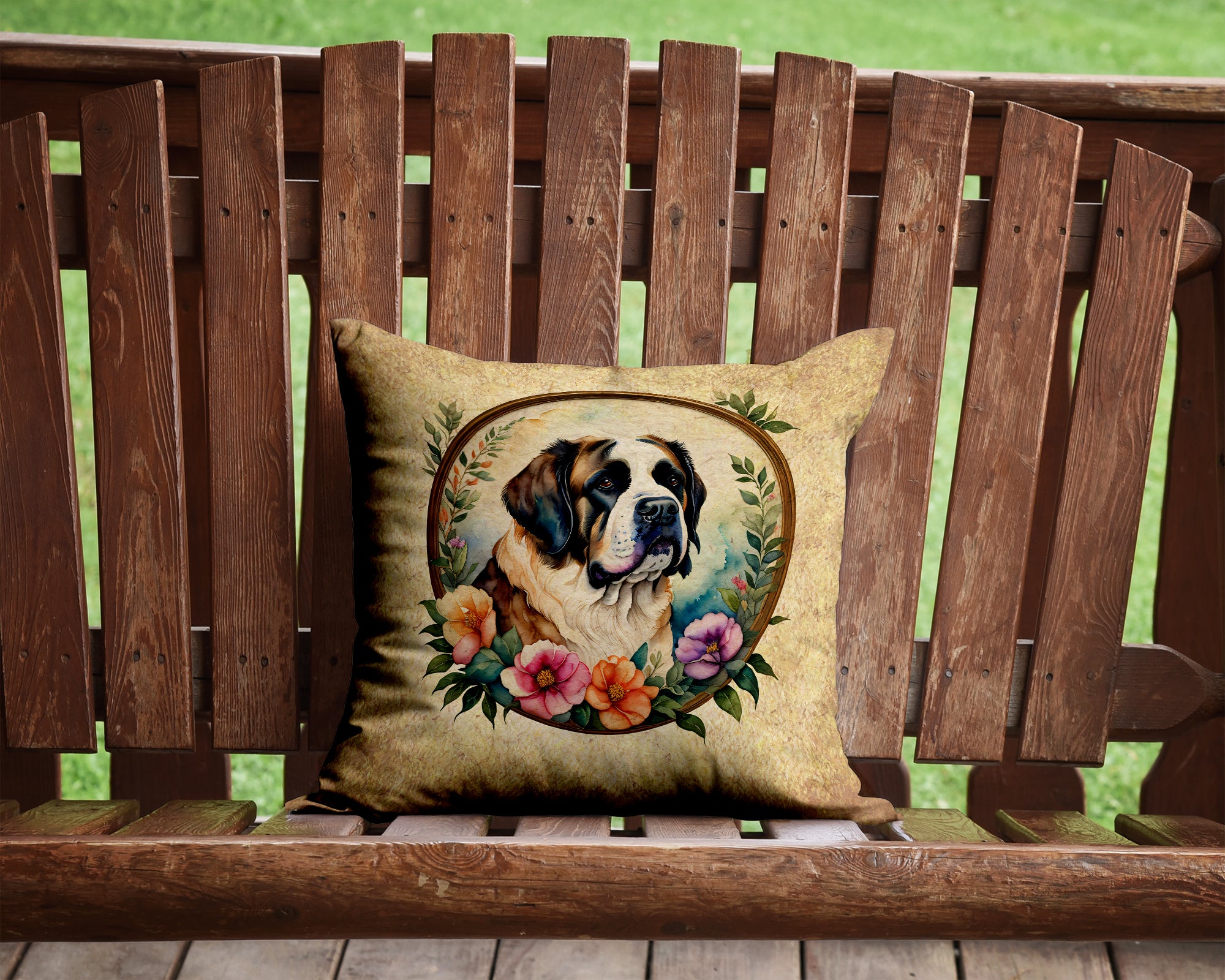 Buy this Saint Bernard and Flowers Fabric Decorative Pillow