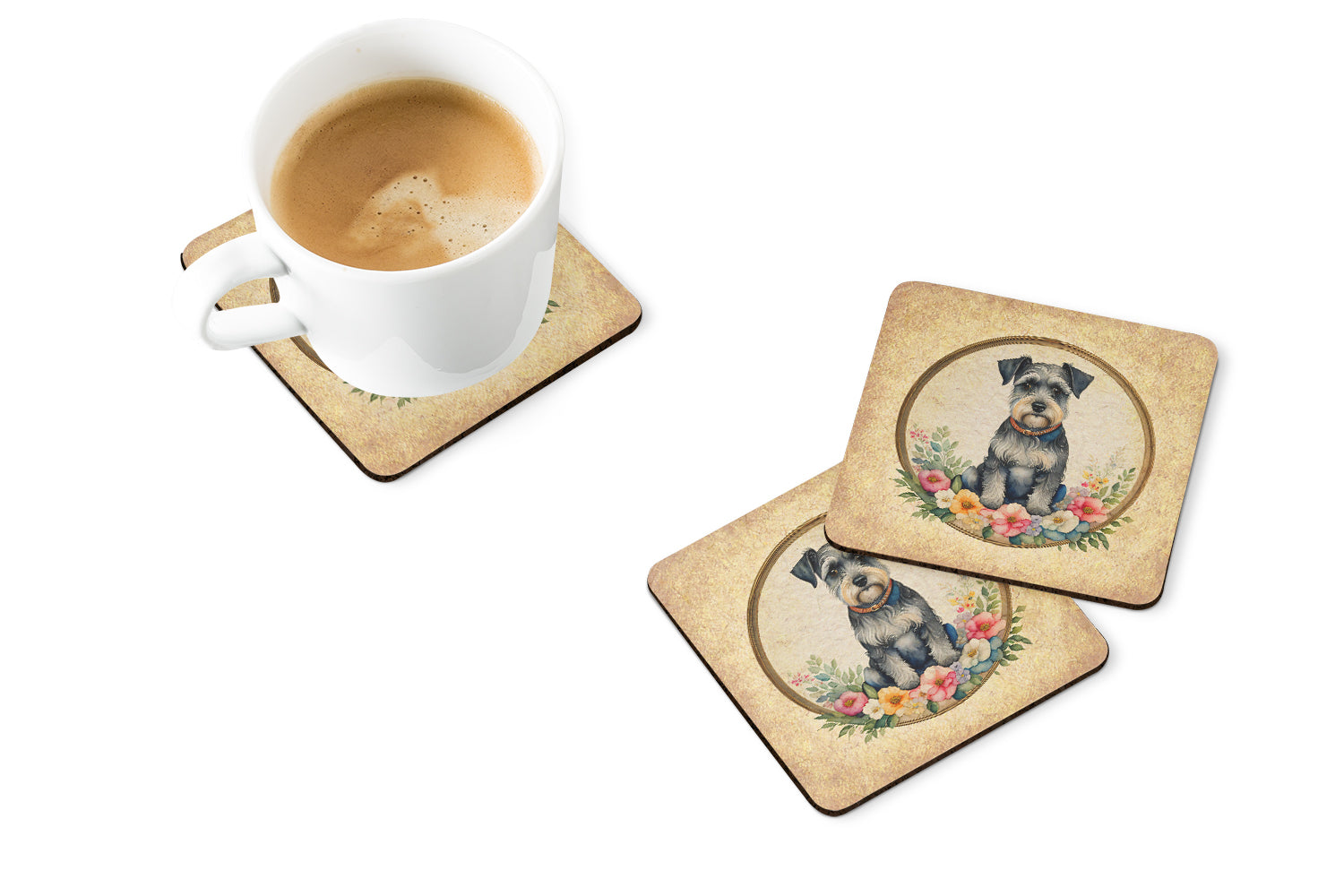 Buy this Schnauzer and Flowers Foam Coasters