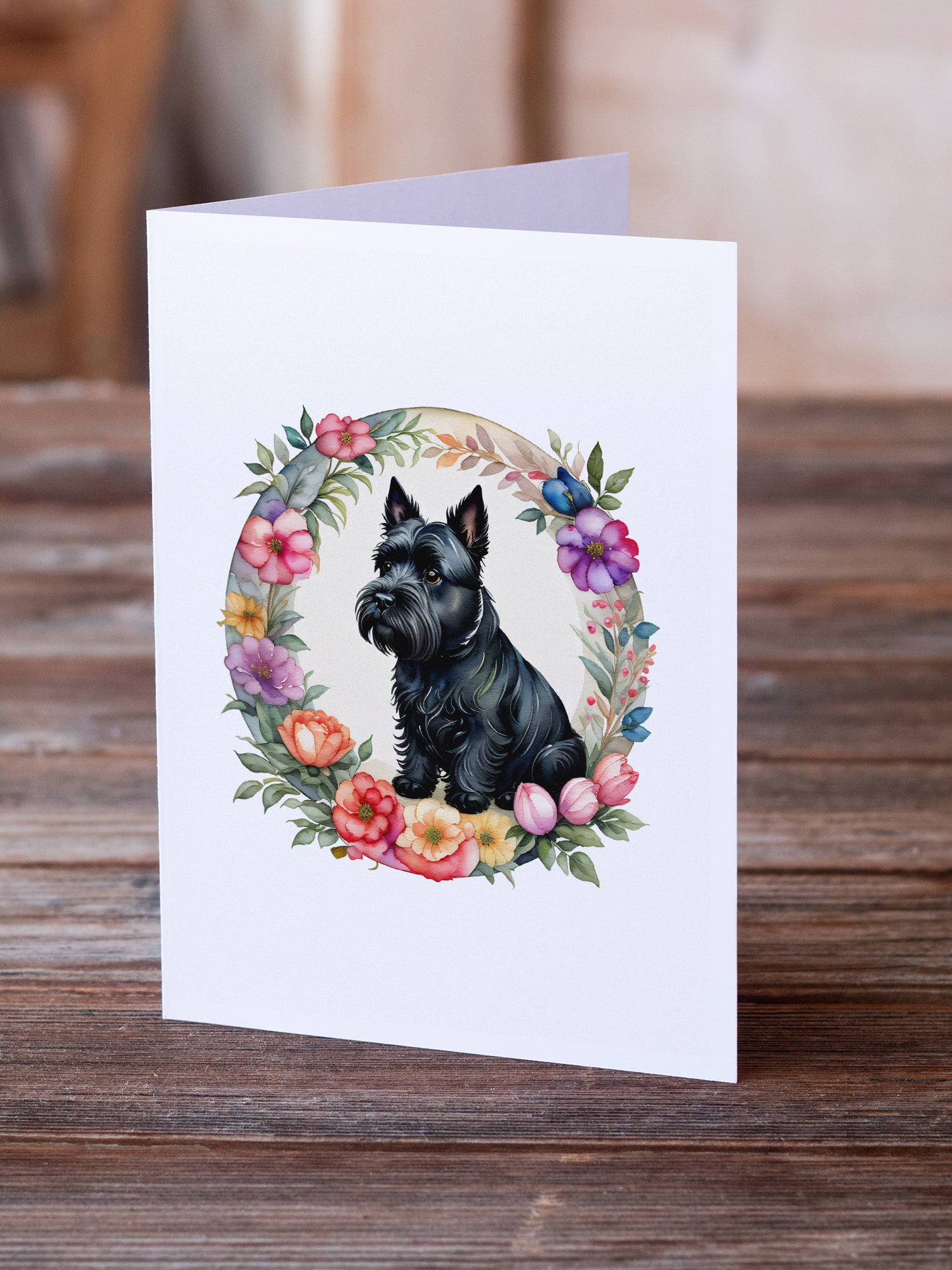 Buy this Scottish Terrier and Flowers Greeting Cards and Envelopes Pack of 8