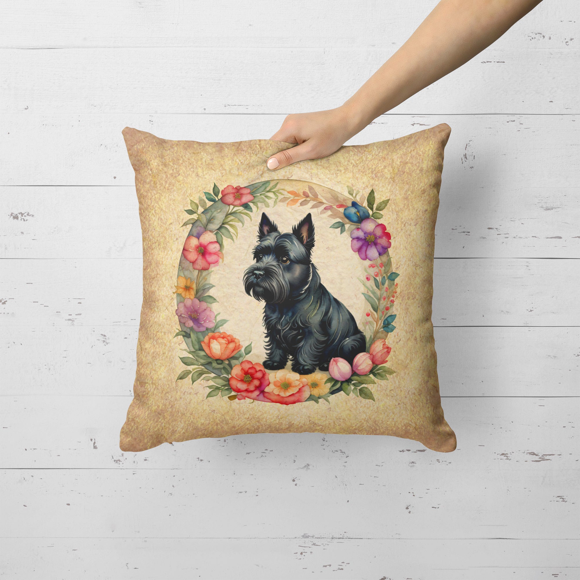 Buy this Scottish Terrier and Flowers Fabric Decorative Pillow