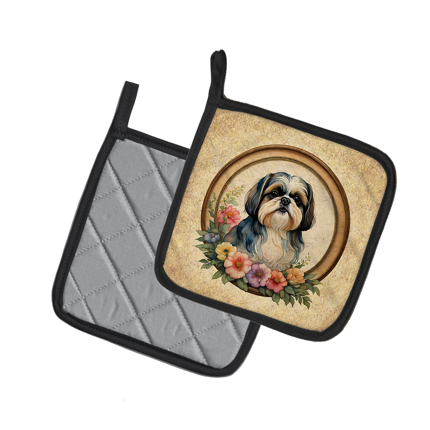 Shih Tzu and Flowers Pair of Pot Holders