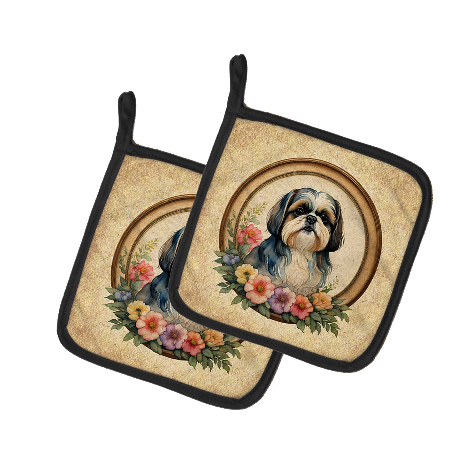 Buy this Shih Tzu and Flowers Pair of Pot Holders