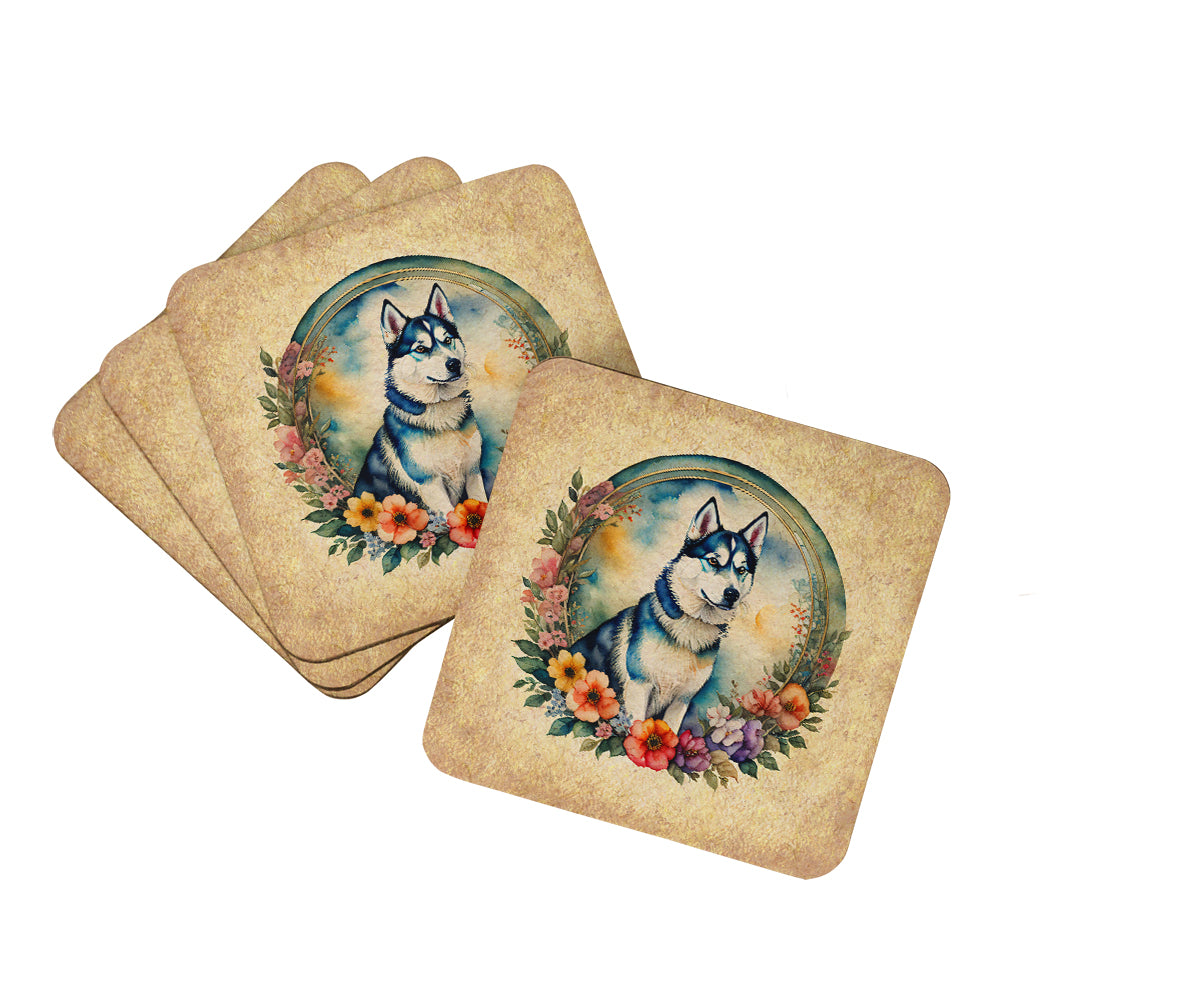Buy this Siberian Husky and Flowers Foam Coasters