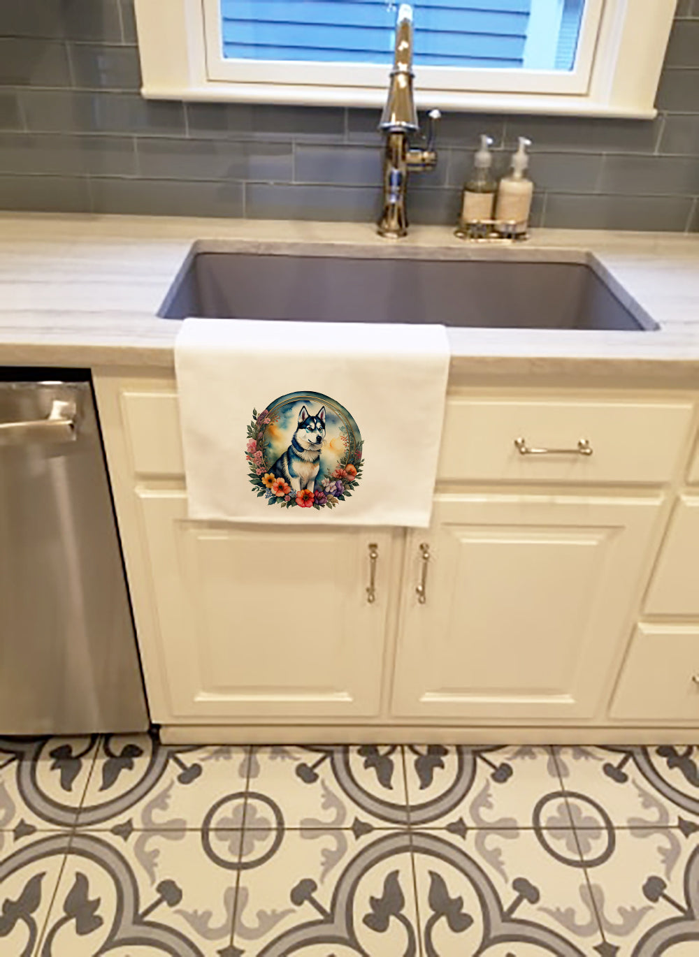Siberian Husky and Flowers Kitchen Towel Set of 2