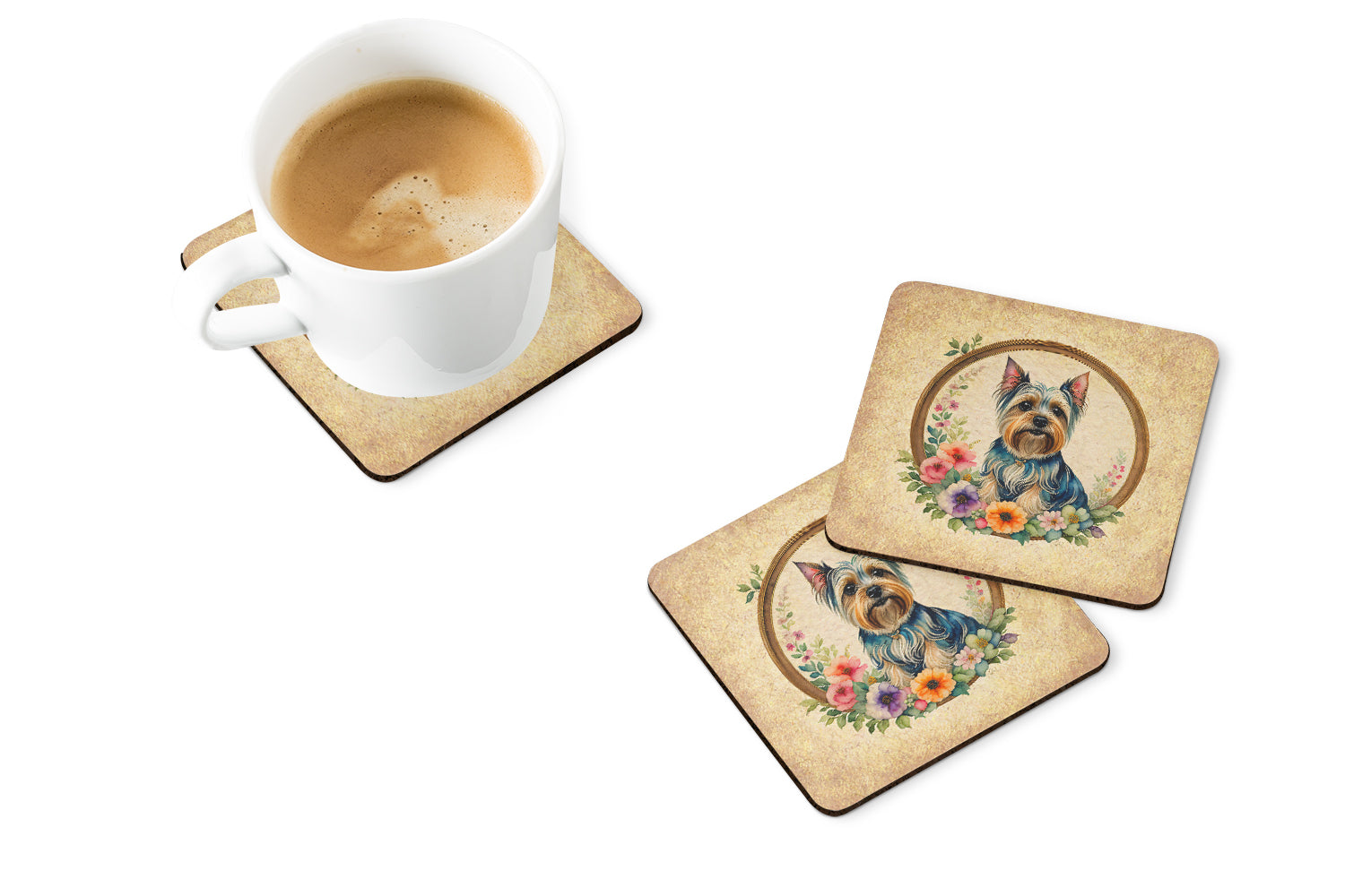 Buy this Silky Terrier and Flowers Foam Coasters