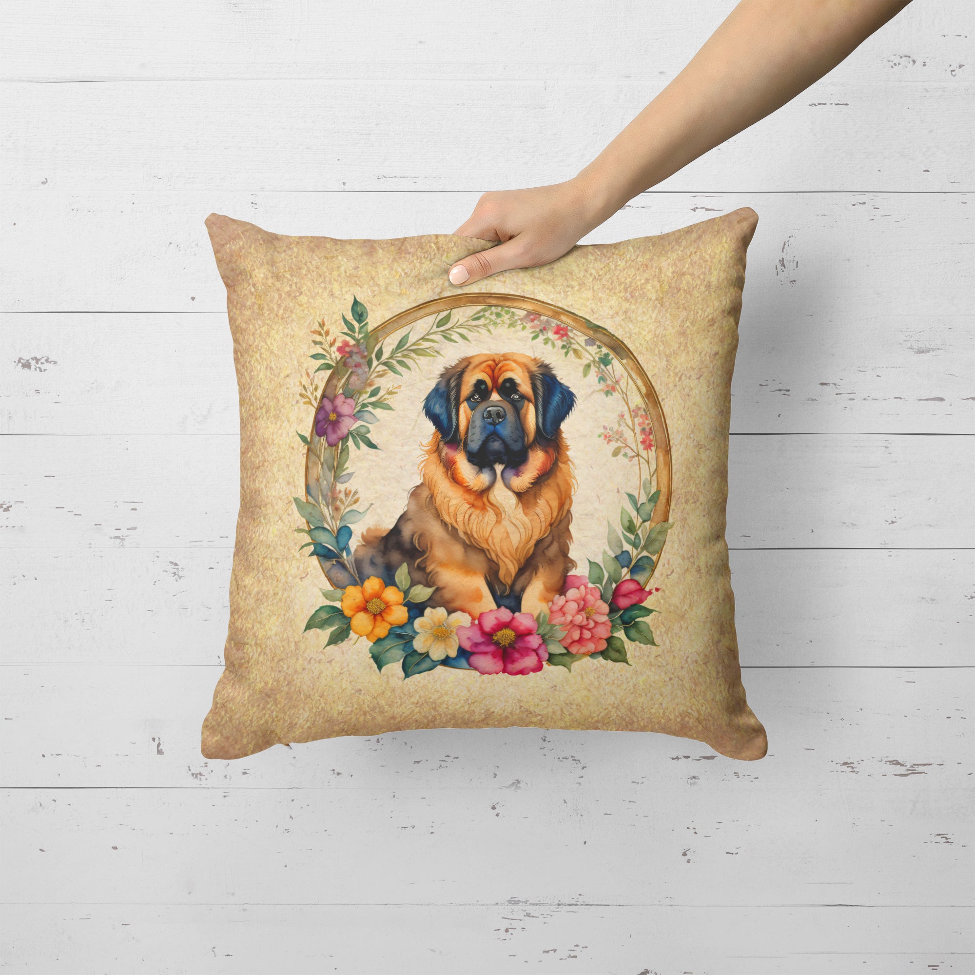 Buy this Tibetan Mastiff and Flowers Fabric Decorative Pillow