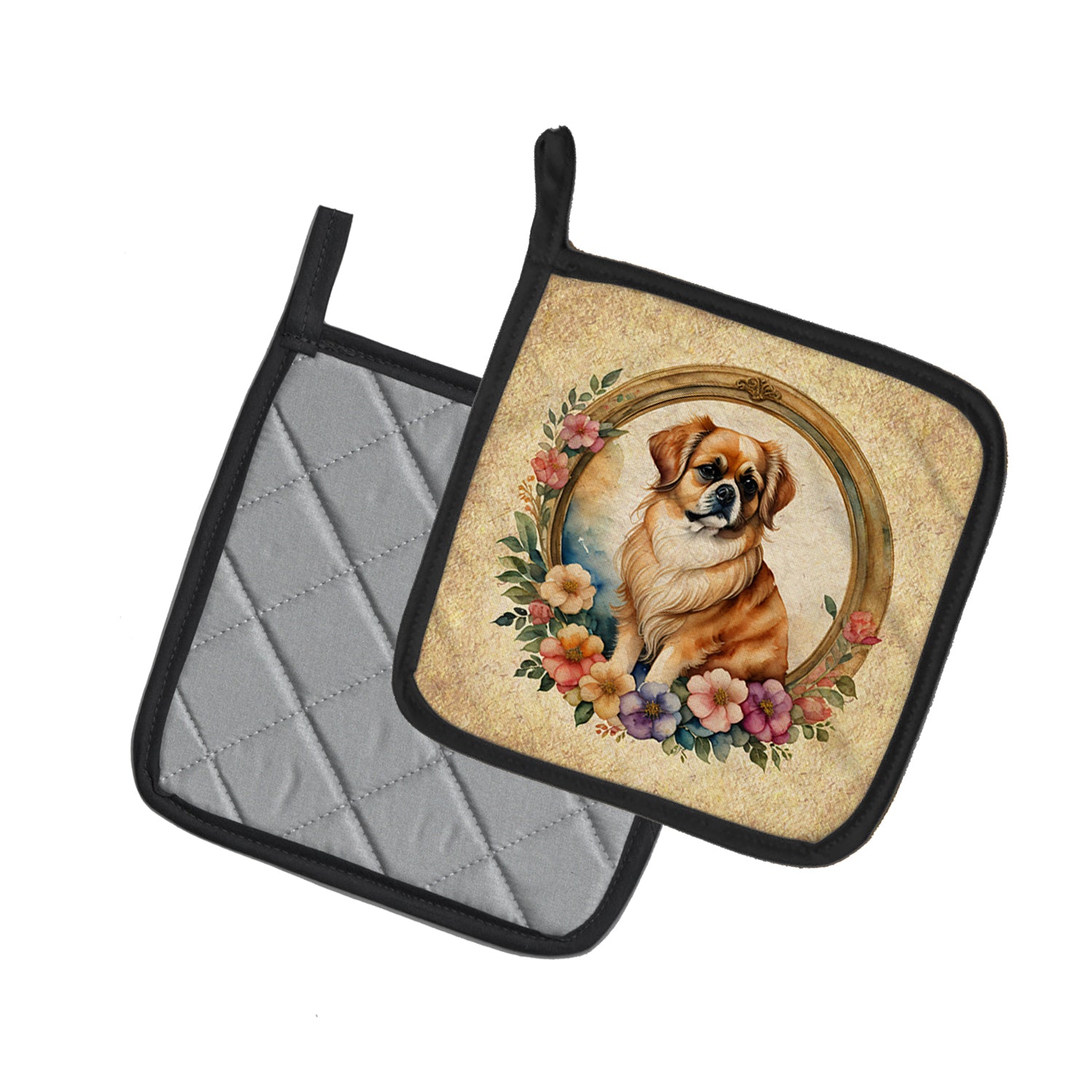 Buy this Tibetan Spaniel and Flowers Pair of Pot Holders