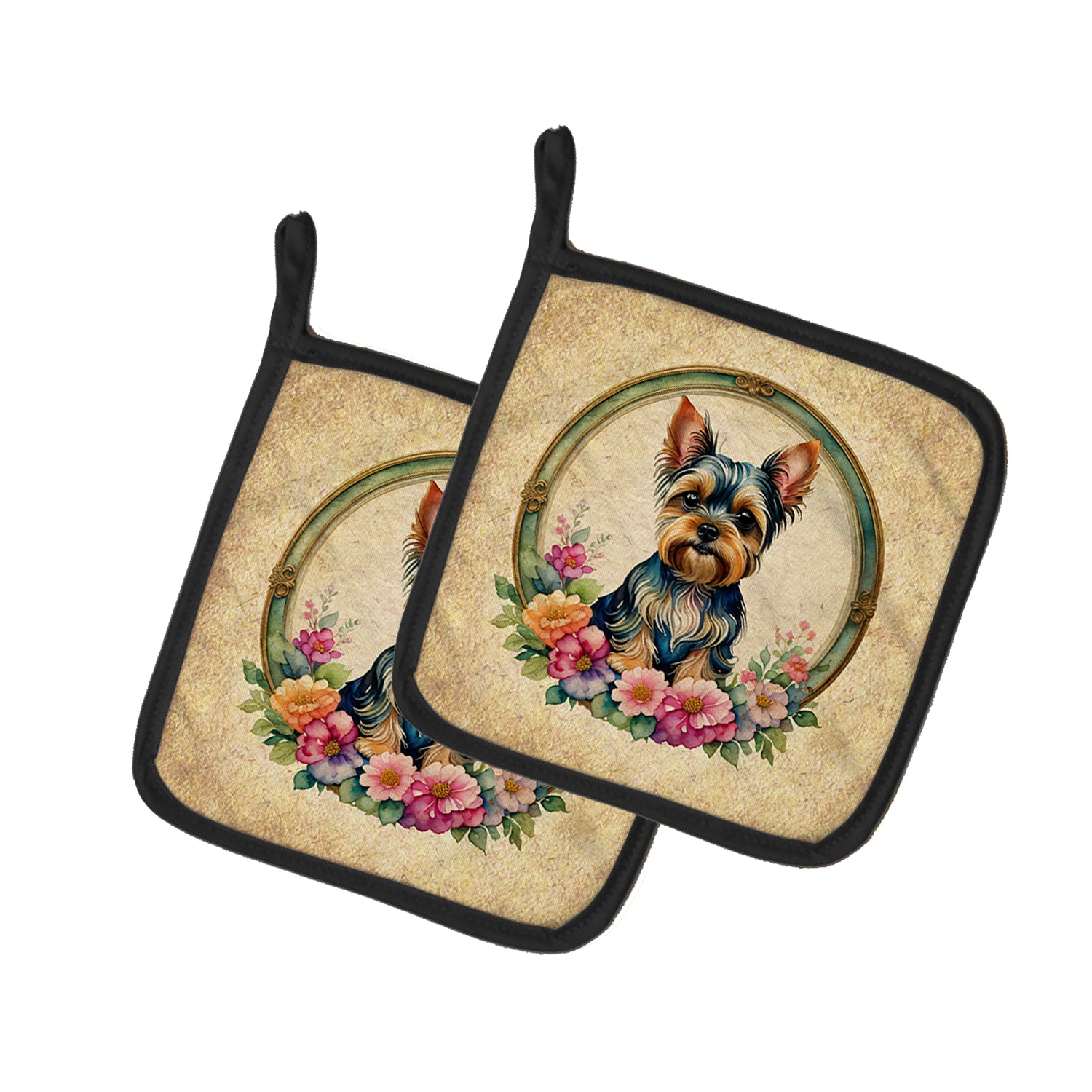 Buy this Yorkshire Terrier and Flowers Pair of Pot Holders