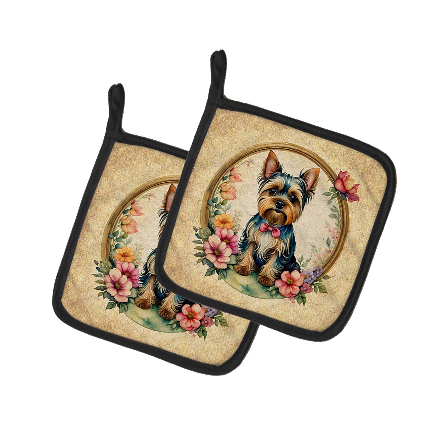 Buy this Yorkshire Terrier and Flowers Pair of Pot Holders
