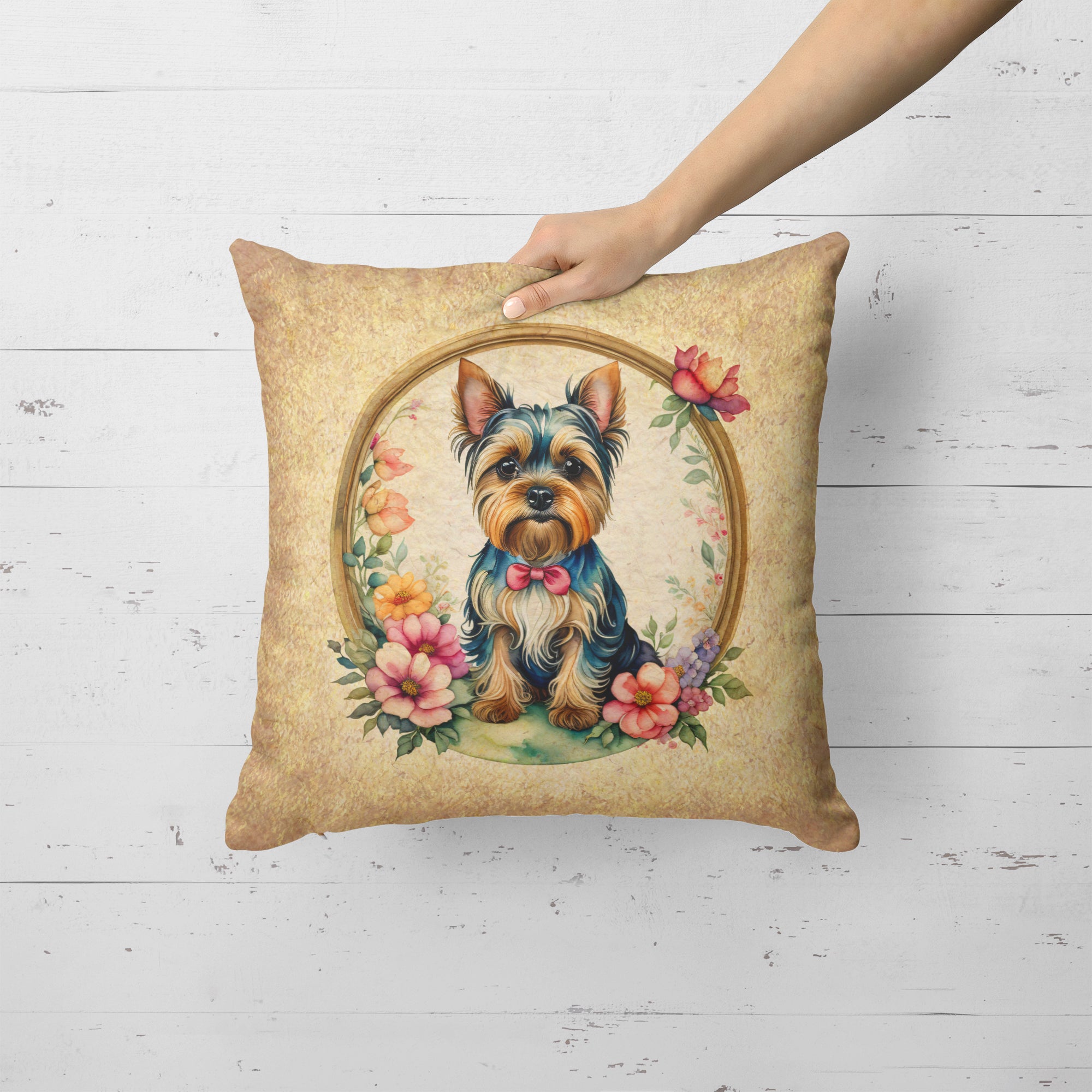 Buy this Yorkshire Terrier and Flowers Fabric Decorative Pillow