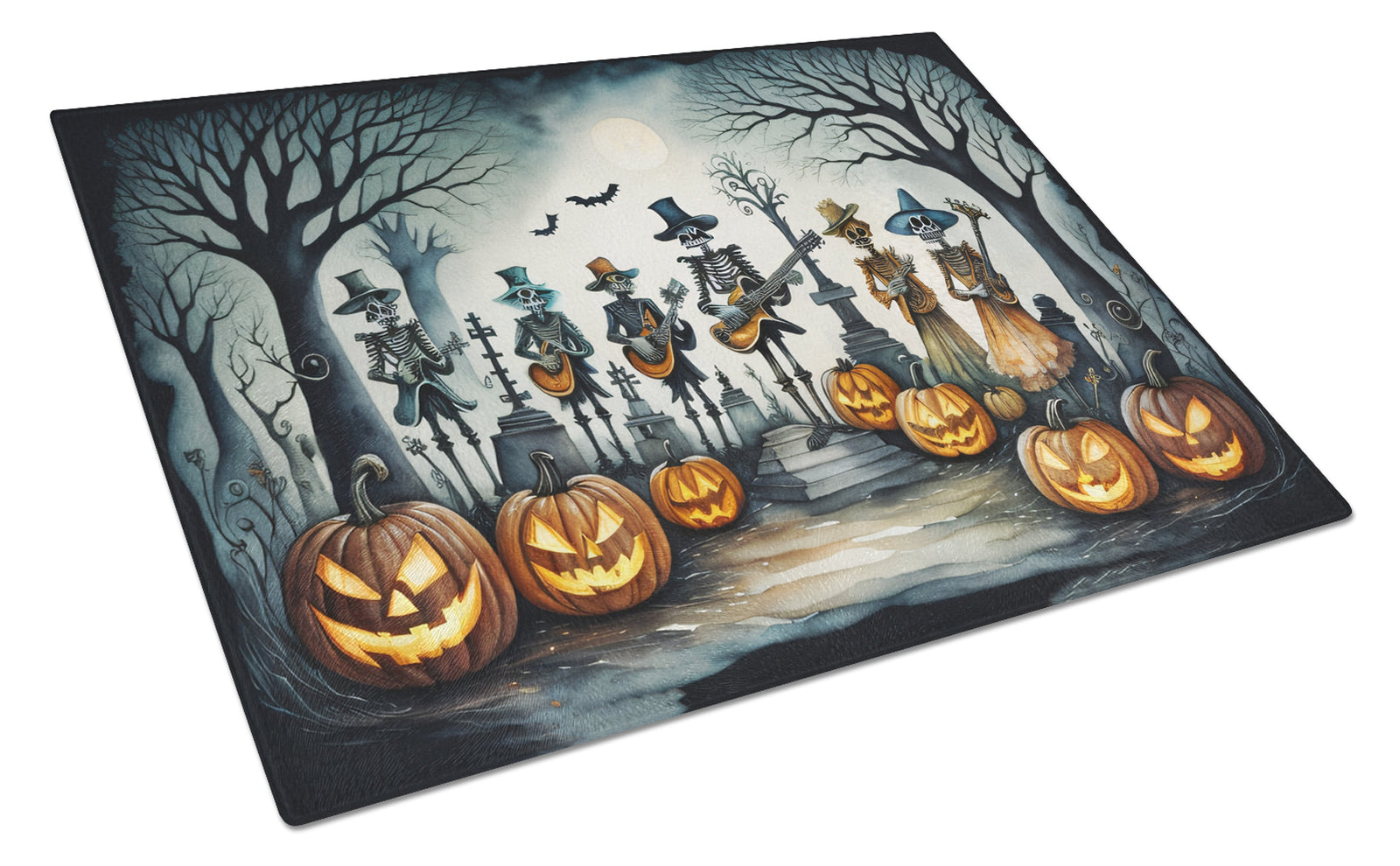 Buy this Mariachi Skeleton Band Spooky Halloween Glass Cutting Board Large