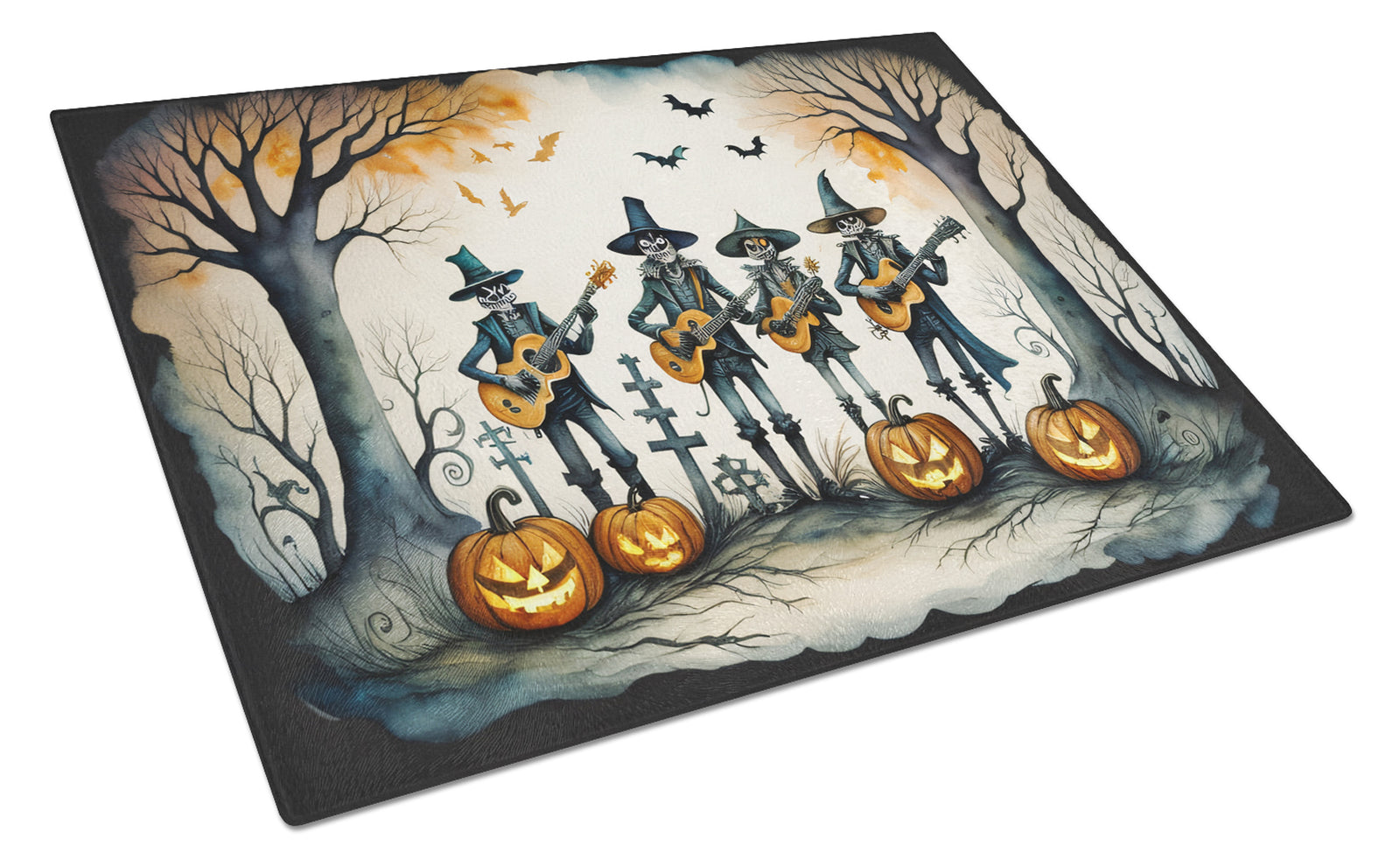Buy this Mariachi Skeleton Band Spooky Halloween Glass Cutting Board Large