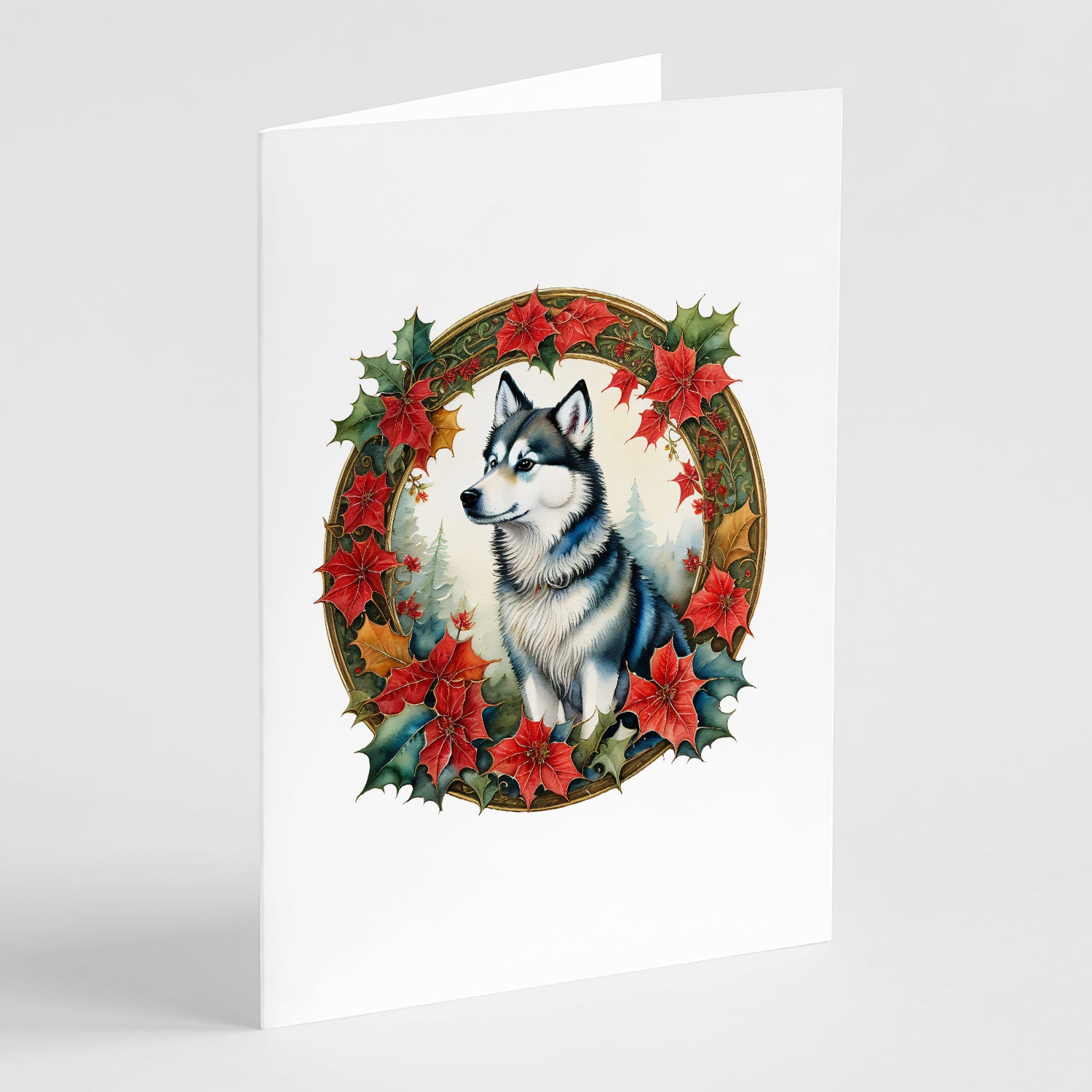 Buy this Alaskan Klee Kai Christmas Flowers Greeting Cards Pack of 8