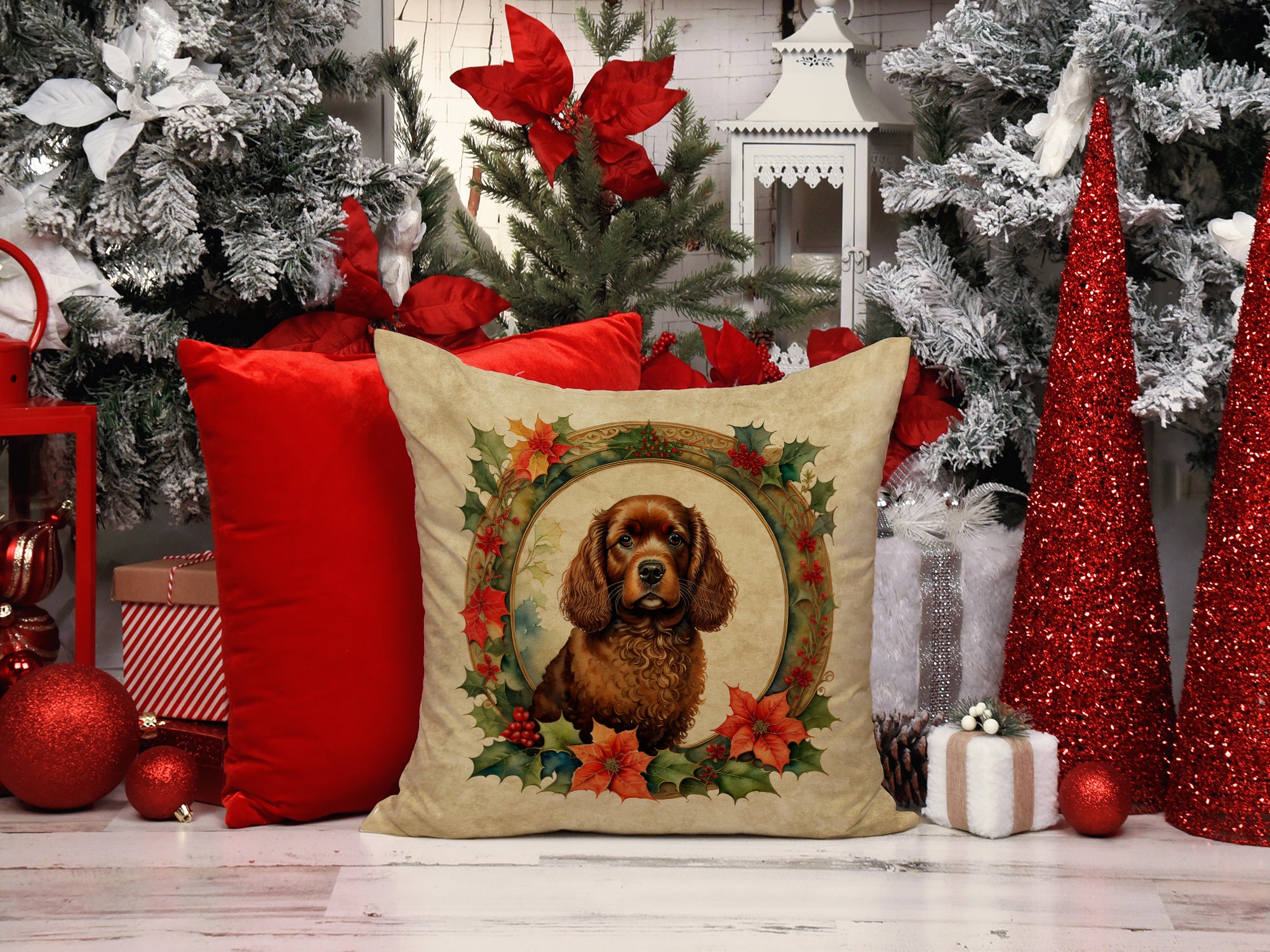 Buy this American Water Spaniel Christmas Flowers Throw Pillow