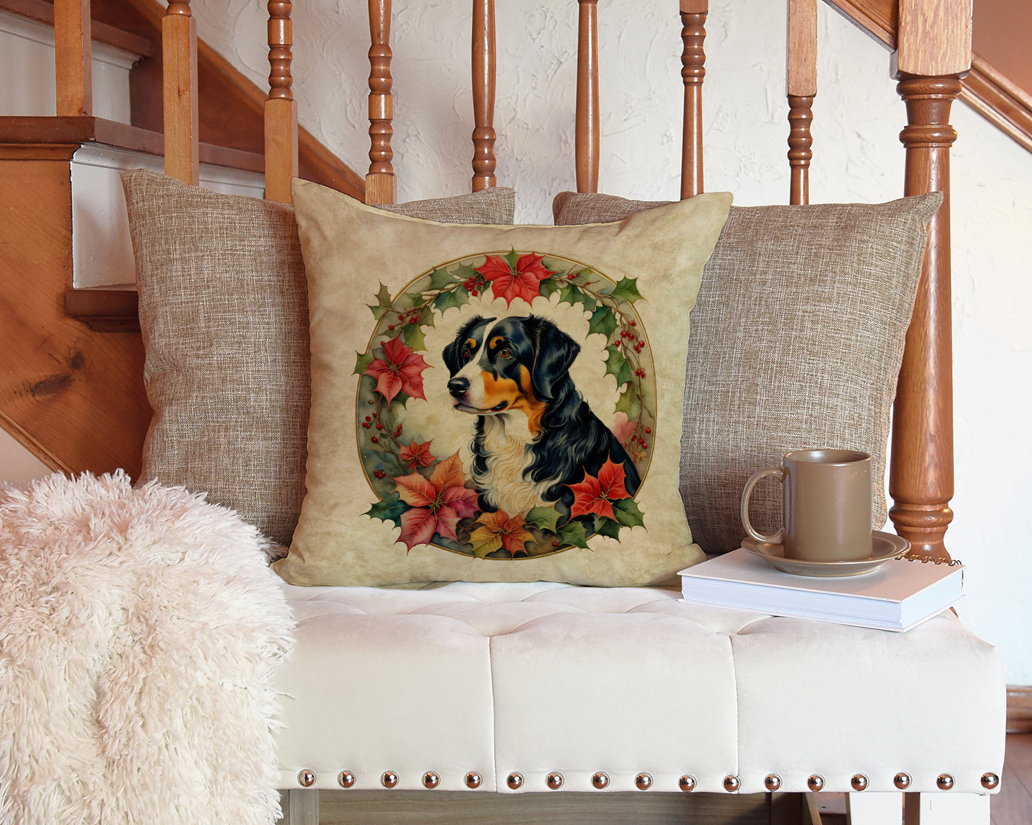 Appenzeller Sennenhund Christmas Flowers Throw Pillow