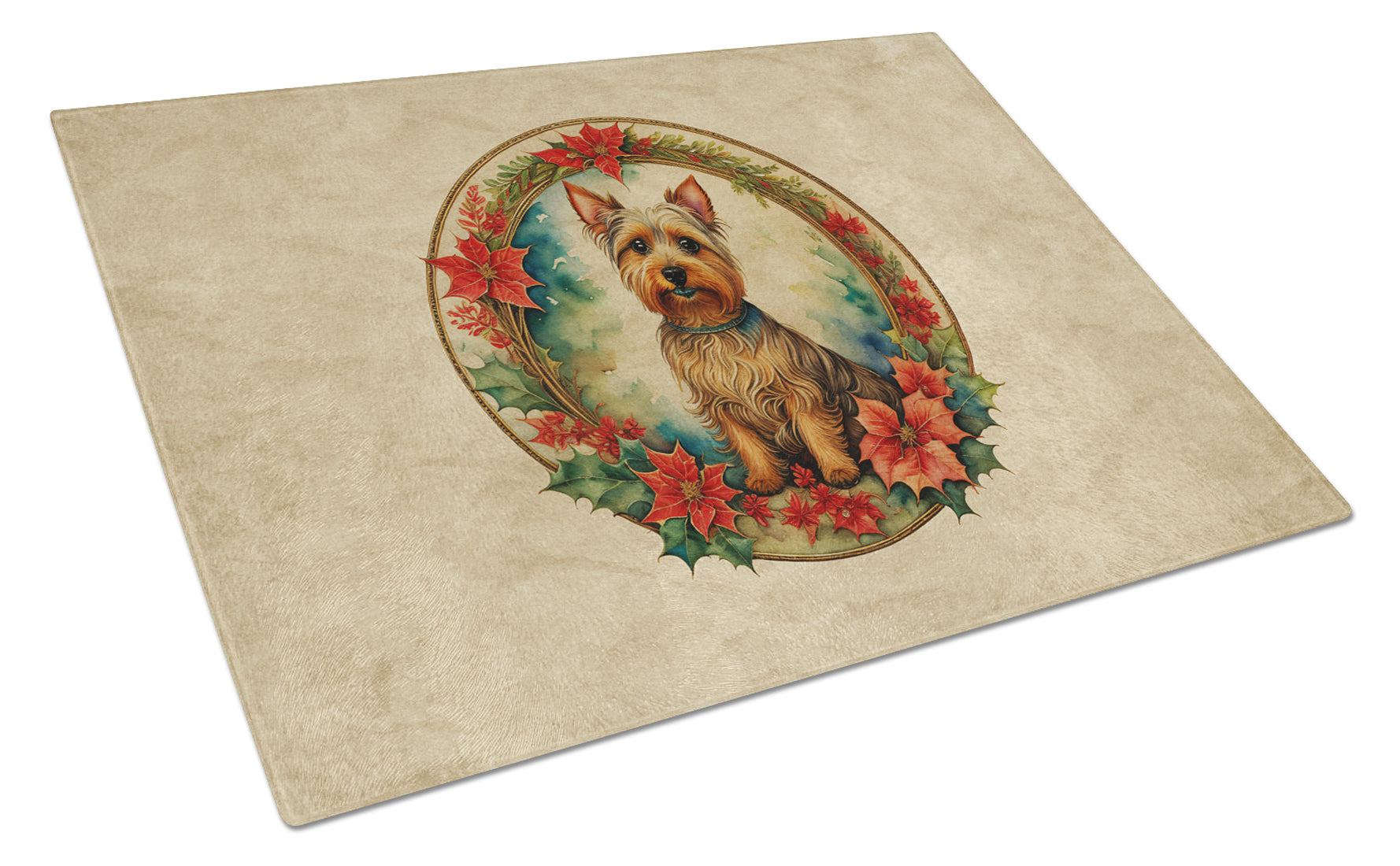 Buy this Australian Terrier Christmas Flowers Glass Cutting Board